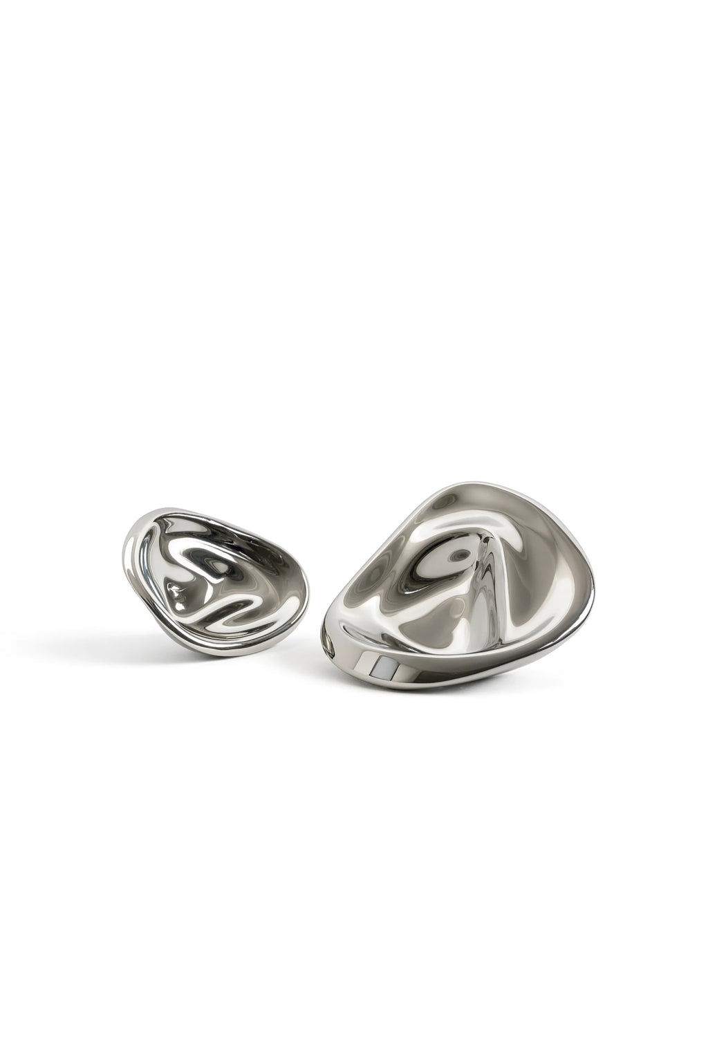 Hein Studio Ripple Hooks/Knobs, a set of two luxury polished silver-toned metal, organically shaped, reflective modern hooks displayed on white. Ideal for contemporary home decor.