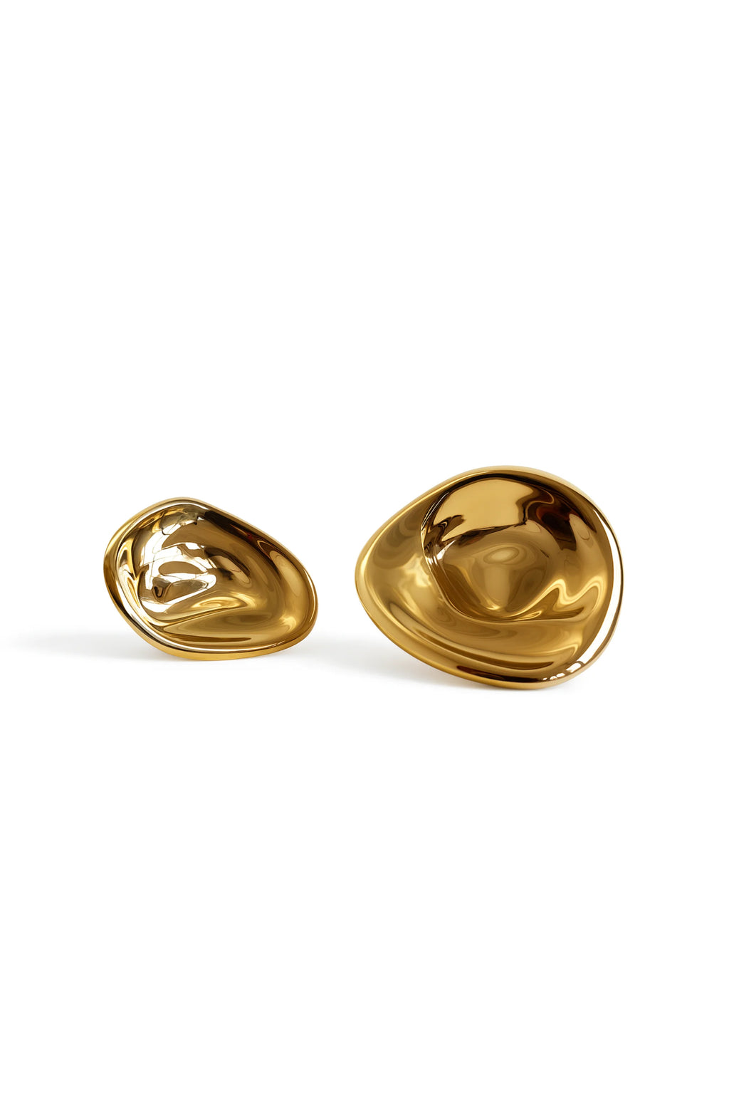Hein Studio Ripple Hook/Knob: Two unique luxury brass gold irregular, organic-shaped decorative hooks with a glossy, polished finish and subtly varied sizes, against a white background. Perfect for modern interior decor.