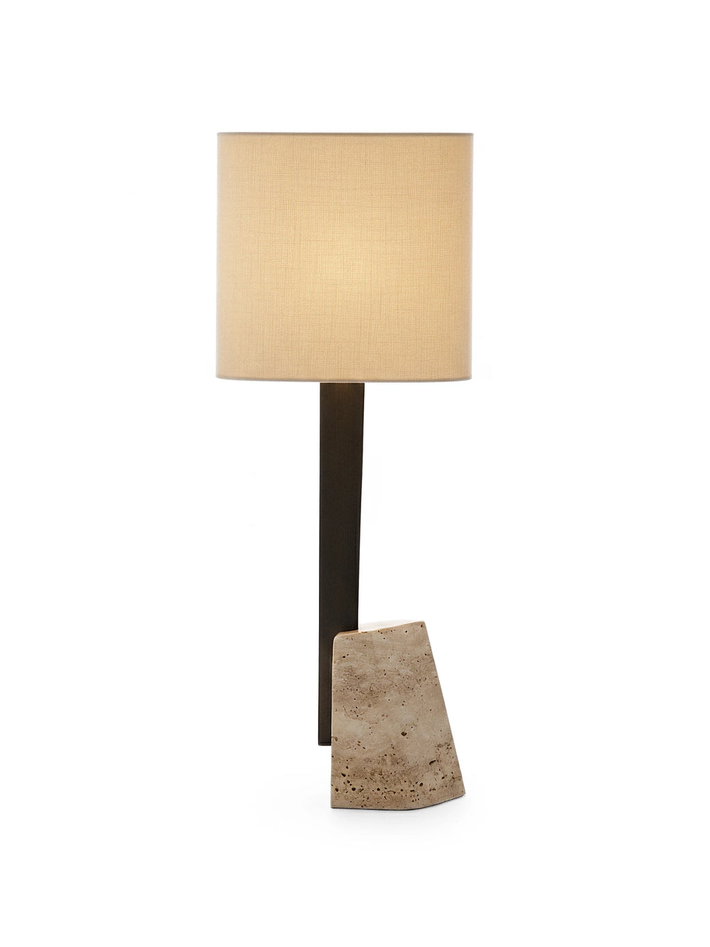 CTO Lighting Roc Table Lamp, a contemporary organic modern table lamp with a striking natural travertine stone base in an irregular geometric shape, paired with a slender matte black metal stem.