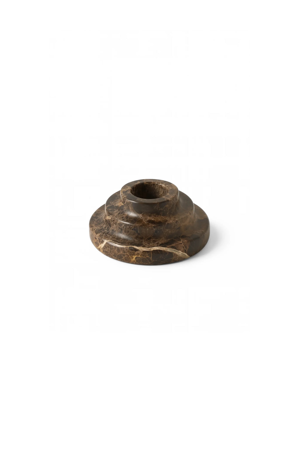 TAMO Rokk Candle Holder, a rich brown-toned genuine marble candle stand with subtle taupe veining and tiered base design, studio shot. Perfect for luxury home decor.