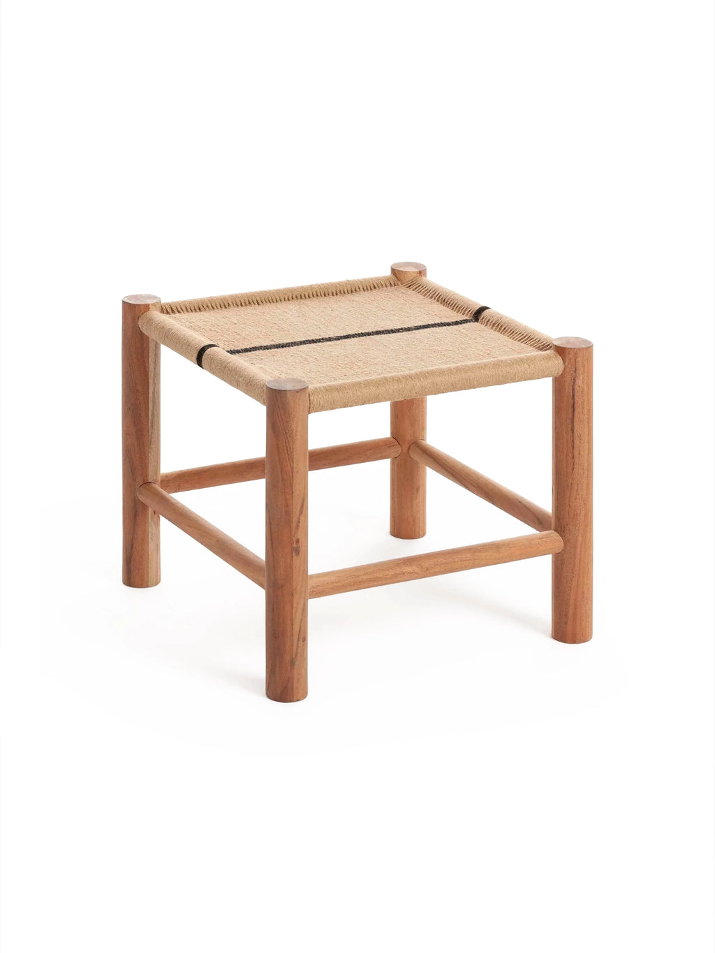 GAN Rugs Roots 01 Stool, a square organic modern stool featuring a natural solid wood frame with thick round legs and a tightly woven natural fiber rope seat in a light beige tone, accented by a subtle black stripe. This rustic yet minimalist accent stool is perfect for adding natural texture and warmth to Scandinavian living rooms, japandi bedrooms, or as a unique side table.