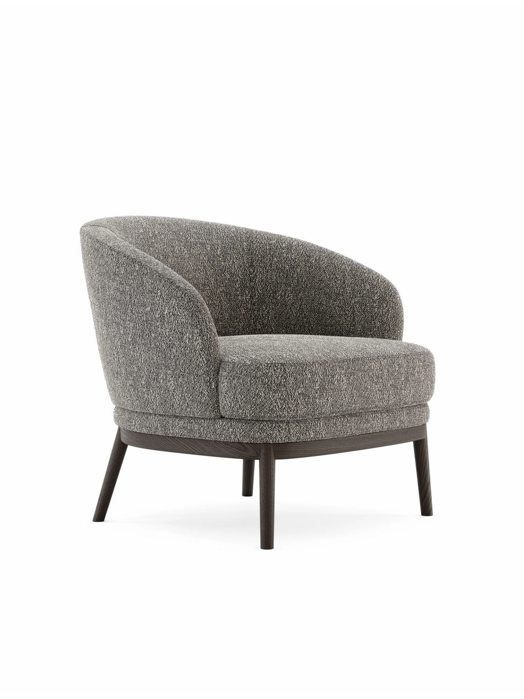 Domkapa Ruth Armchair, a contemporary grey textured fabric lounge chair featuring a gracefully curved backrest and rounded seat cushion, set upon a sleek dark espresso solid wood frame with subtly tapered legs. This organic modern accent chair is perfect for adding sophisticated comfort to a minimalist living room, cozy reading nook, or stylish bedroom.