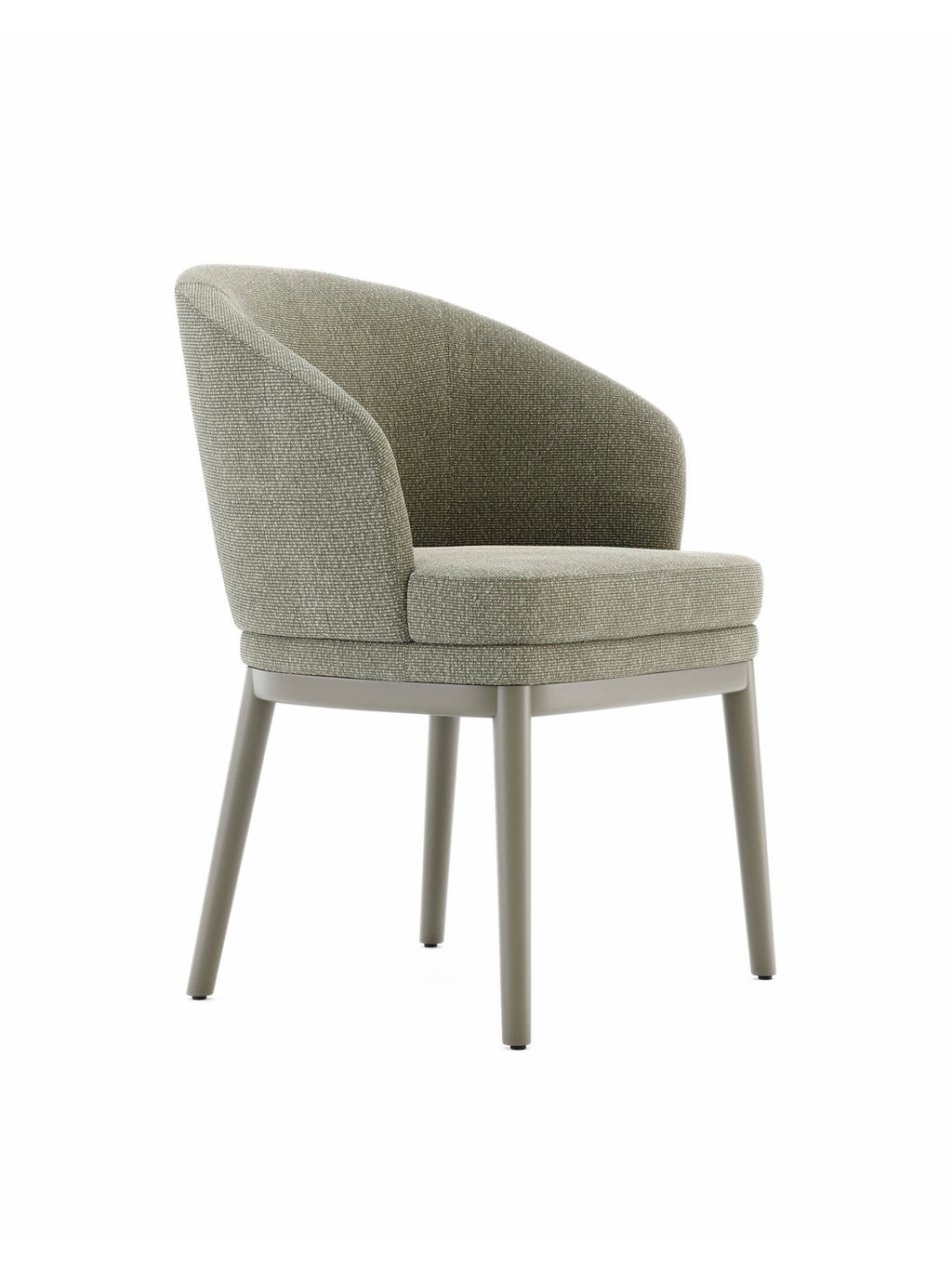 Domkapa Ruth Chair, a contemporary dining chair upholstered in a textured sage green woven fabric, featuring a gently curved backrest and integrated armrests for an inviting silhouette and comfortable seating. It stands on sleek, tapered matte taupe metal legs, creating a cohesive and minimalist aesthetic. This modern accent chair is perfect for sophisticated dining rooms, chic living spaces, or as a stylish bedroom chair.
