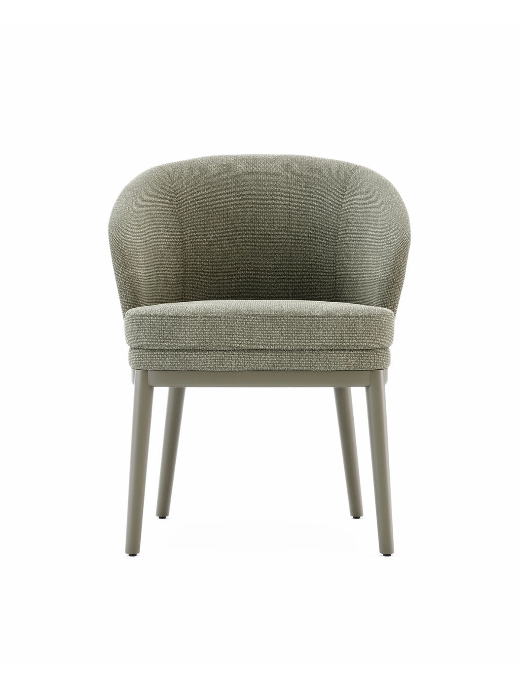 Domkapa Ruth Chair, a contemporary upholstered dining chair featuring a plush, rounded seat and a gently curved backrest, clad in a textured sage green woven fabric with subtle flecks. It stands on matching tapered sage green legs, offering a sleek, organic modern aesthetic. Perfect as a stylish accent chair or comfortable dining seating for modern minimalist and Scandinavian-inspired interiors.
