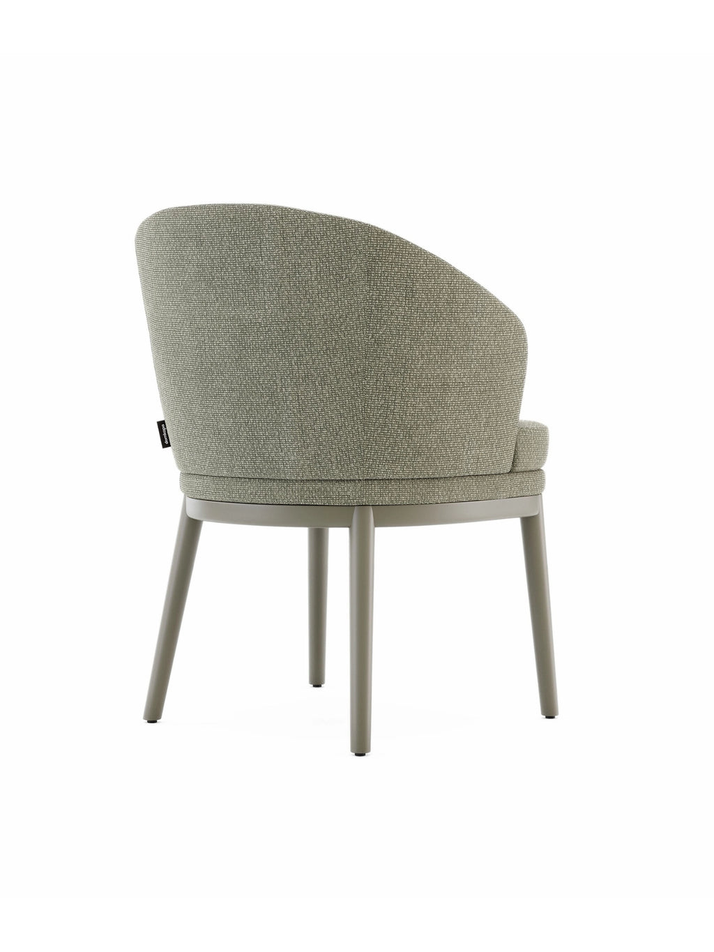 Domkapa Ruth Chair, a contemporary dining chair upholstered in a textured sage green fabric with a gently curved backrest and integrated armrests, set upon a sleek, matching muted green metal frame and tapered legs. This organic modern accent chair is perfect for minimalist dining rooms, stylish living areas, or sophisticated home offices.