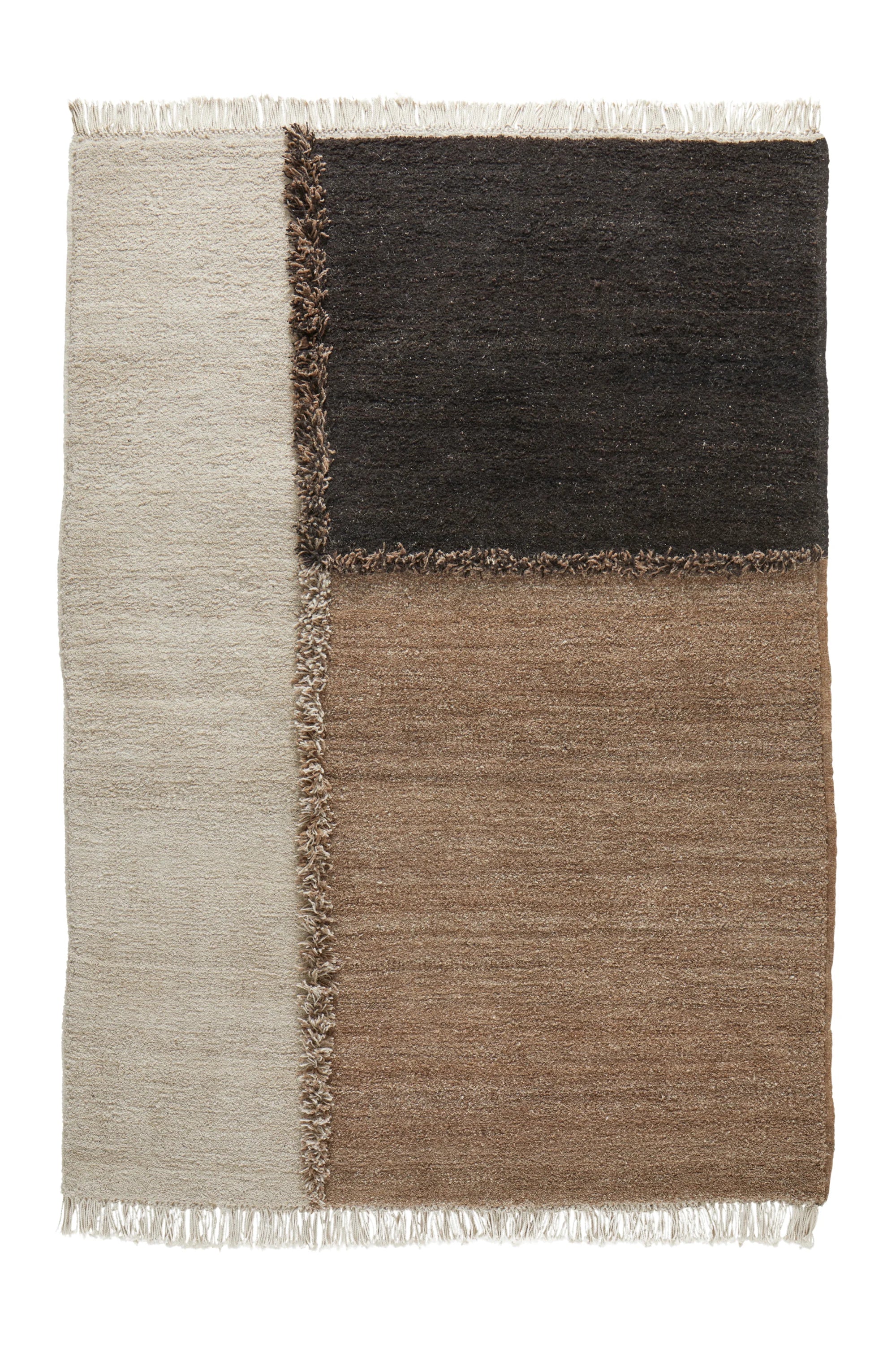 Sera Helsinki E-1027 Wool Rug, a geometric color block hand-knotted area rug crafted from natural undyed wool in cream, dark brown, and warm tan.