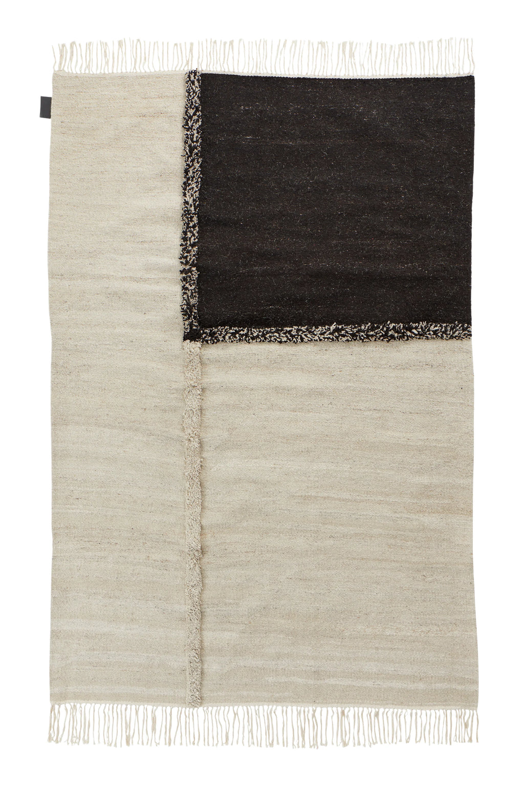Sera Helsinki E-1027 Wool Rug, a hand-knotted natural wool area rug featuring a minimalist geometric design in undyed cream and deep charcoal tones.