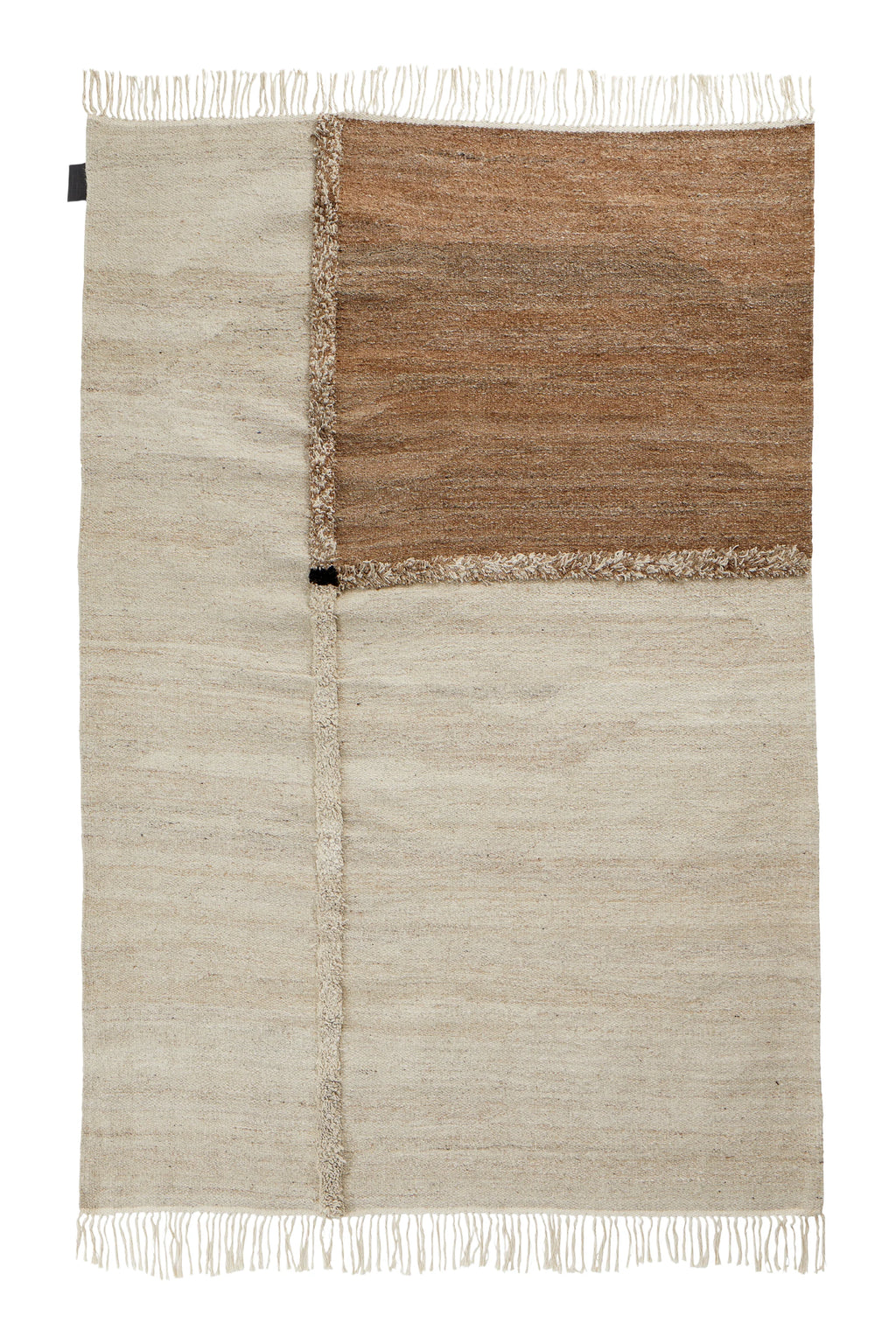 Sera Helsinki E-1027 Wool Rug, a hand-knotted natural wool area rug featuring an abstract color block design in undyed cream and warm brown tones. It showcases a plush, shaggy vertical and horizontal stripe detail that creates visual interest, along with classic fringed ends for a soft, inviting texture. This organic modern rug is perfect for adding warmth and minimalist style to Scandinavian living rooms, cozy bedrooms, or rustic home offices.