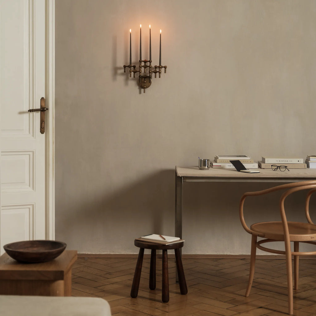 Stoff Nagel Wall Hanger Candle Holder - Bronzed Brass - Configuration 3, a distinctive modular wall-mounted candle holder crafted from dark bronzed brass with an intricate, brutalist-inspired.