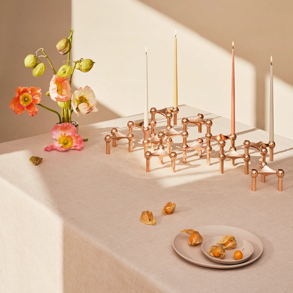 Rose gold modular candle holder with two configuration options for versatile styling