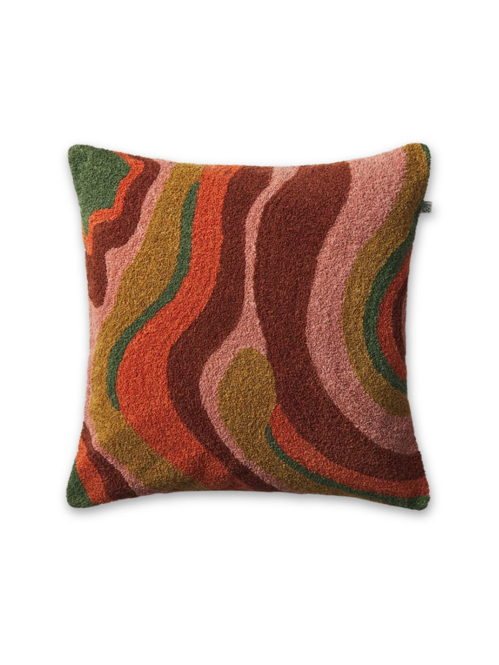 Chhatwal & Jonsson Sagar Boucle Throw Pillow, a multi-colored square accent pillow featuring a bold, organic wavy pattern in earthy tones of burnt orange, olive green, rust, dusty.