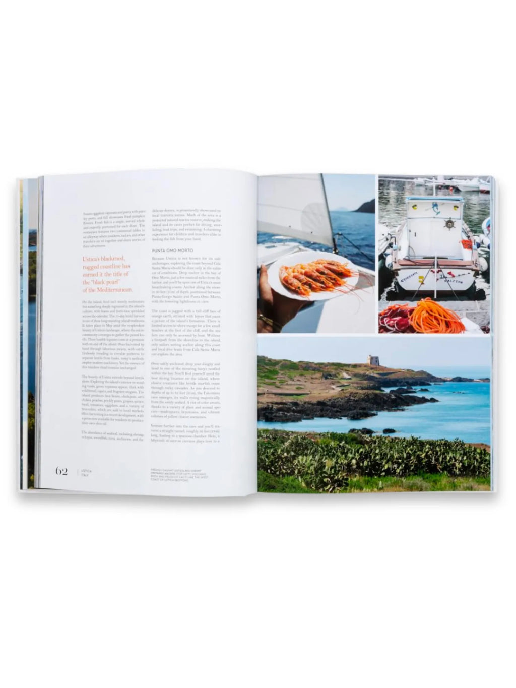 Book Sailing the Seas, an open hardcover book displaying vibrant images of Mediterranean coastal landscapes, a plate of fresh shrimp on a sailboat, and a fishing boat with orange ropes. This premium travel and lifestyle book is perfect for those seeking inspiration for their next maritime adventure or culinary exploration.