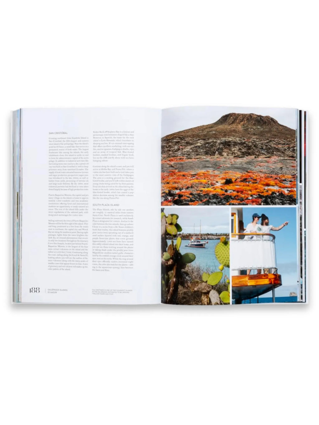 Book Sailing the Seas, an open book displaying vibrant travel photography of the Galapagos Islands with descriptive text. This captivating travel guide is perfect for adventure seekers and armchair travelers planning their next exotic journey.
