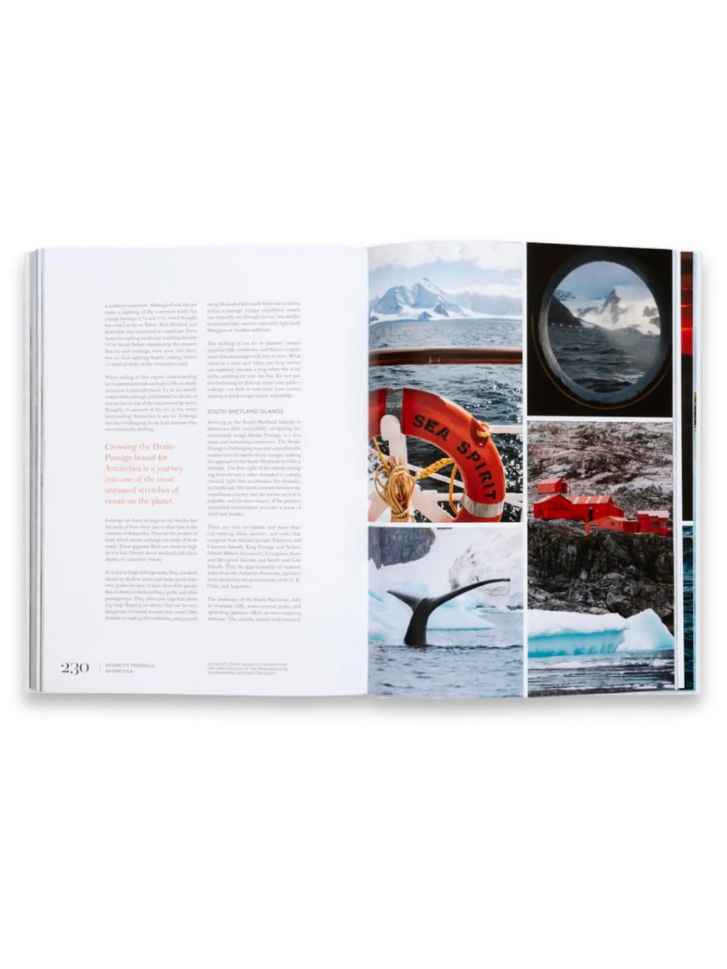 Book Sailing the Seas, an open book displaying vivid Antarctic imagery across a two-page spread, featuring a red "SEA SPIRIT" lifebuoy, majestic snow-capped mountains, a whale's tail emerging from icy waters, red buildings on a rocky shore, and an iceberg. This captivating travel book is perfect for adventure seekers and armchair travelers exploring remote destinations.