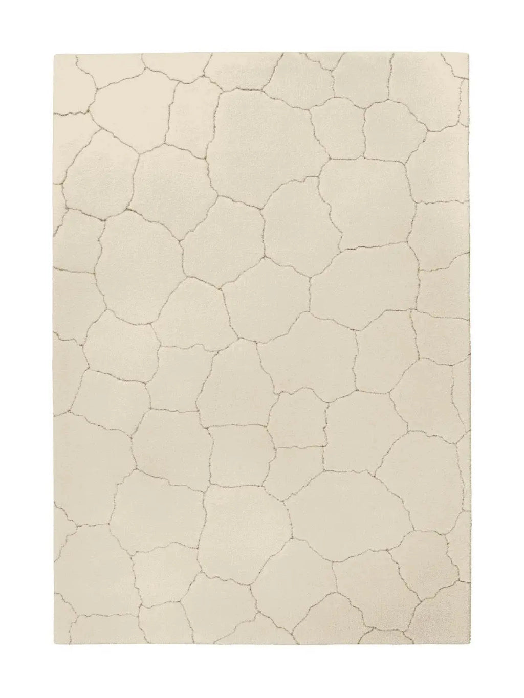 alp_ Saline Rug, an organic modern area rug in a cream and off-white palette, featuring a unique high-low pile texture that forms an abstract, cracked earth pattern with subtle grey outlines.
