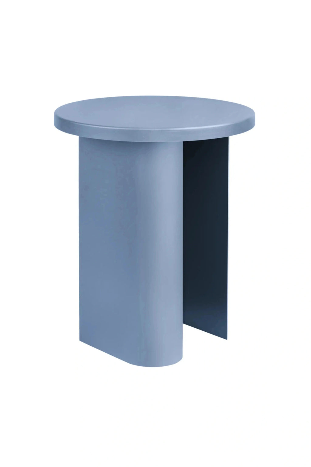 noo.ma Sato Side Table, a modern minimalist accent table in a dusty blue matte finish, featuring a round top and a unique C-shaped sculptural base crafted from painted metal.