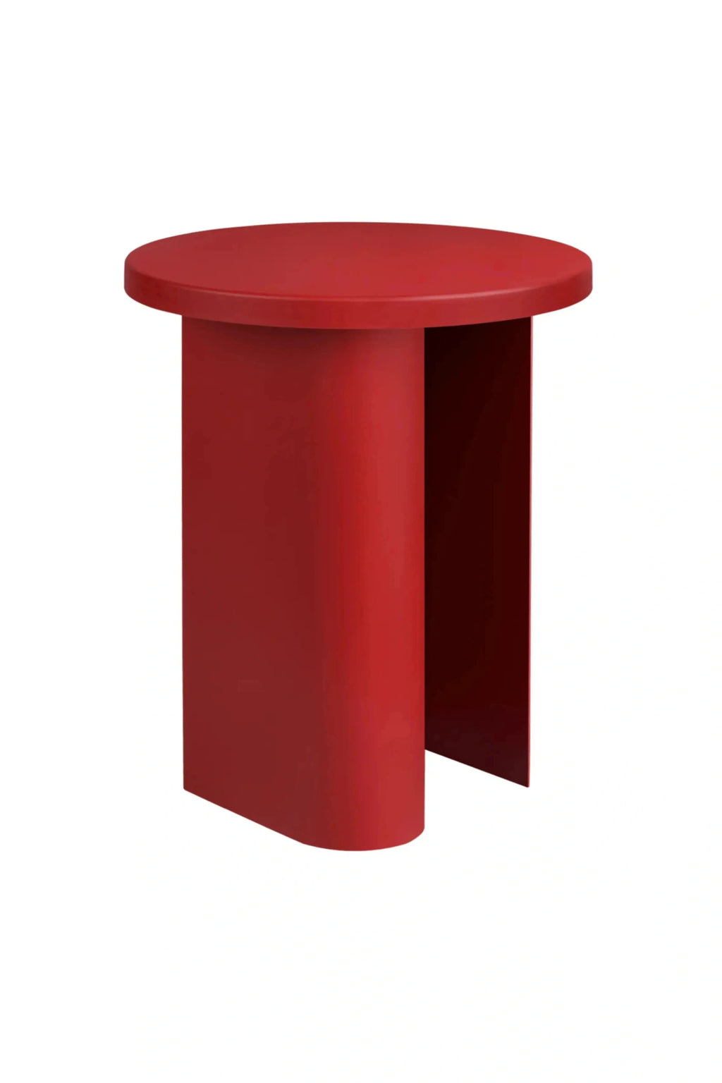 noo.ma Sato Side Table, a vibrant matte red powder-coated steel side table featuring a minimalist round tabletop and a bold, sculptural C-shaped cylindrical base. This contemporary brutalist-inspired accent table is perfect for adding a pop of color to modern living rooms, bedrooms, or creative home office spaces.