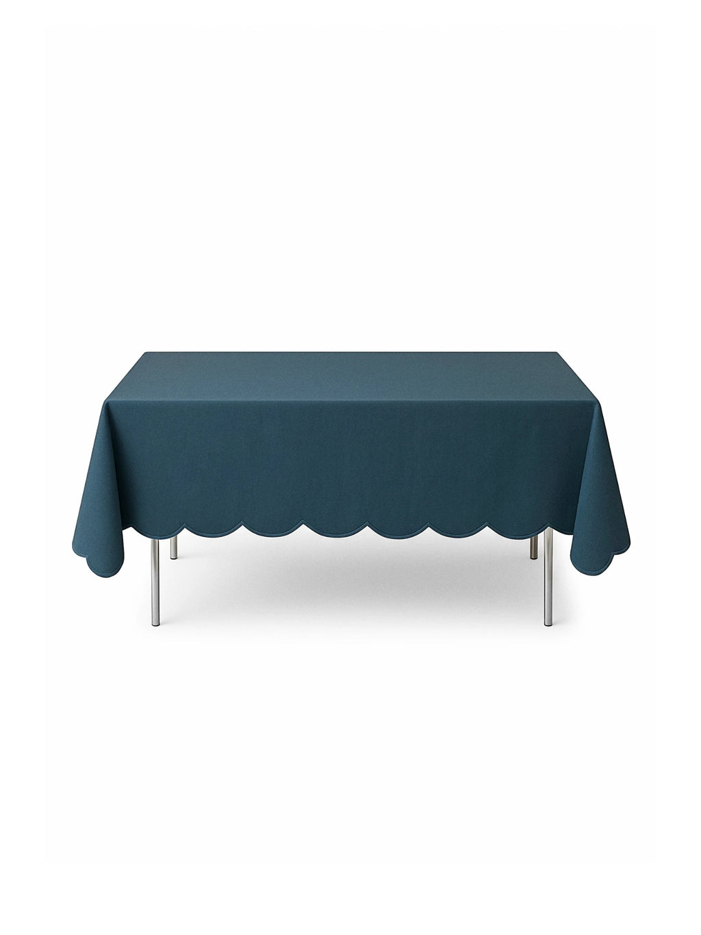 Rectangular table with a blue tablecloth on a white background