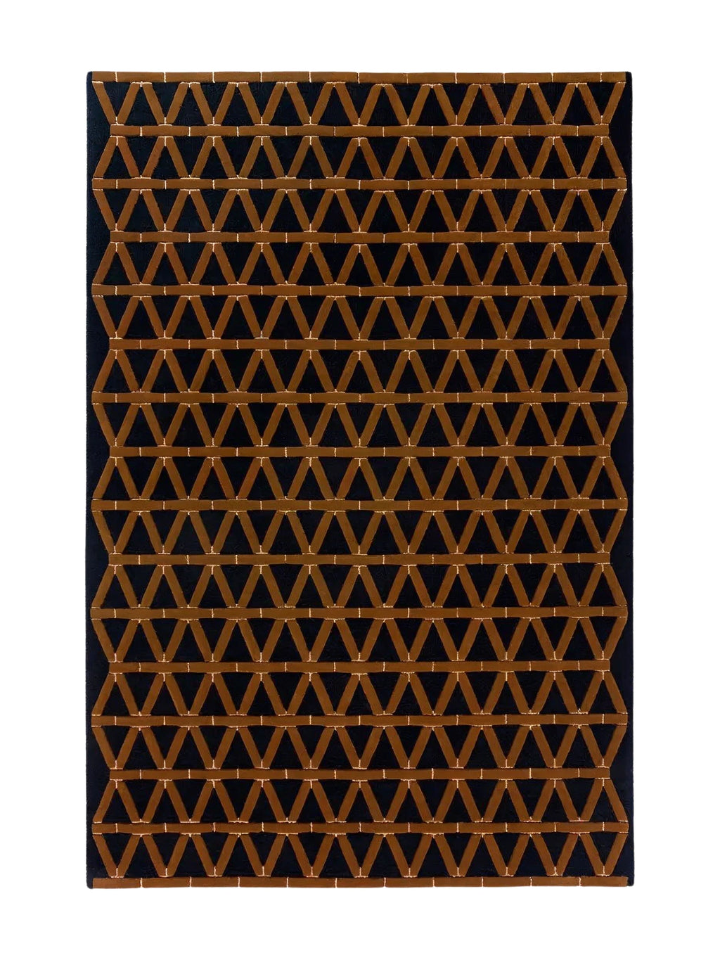 alp_ Secadero Rug, a striking modern geometric area rug crafted from hand-tufted wool, featuring a bold, repeating triangular lattice pattern in rich caramel brown against a deep black background.