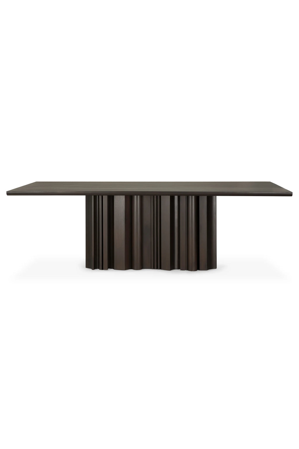 Ethnicraft Sequence Dining Table, a robust modern dining table crafted from dark solid wood with a smooth rectangular tabletop and a dramatic, sculptural ribbed base. The deep dark brown finish highlights the fluted texture of the pedestal, creating an architectural and contemporary statement. Perfect for sophisticated dining rooms or a bold brutalist-inspired interior.
