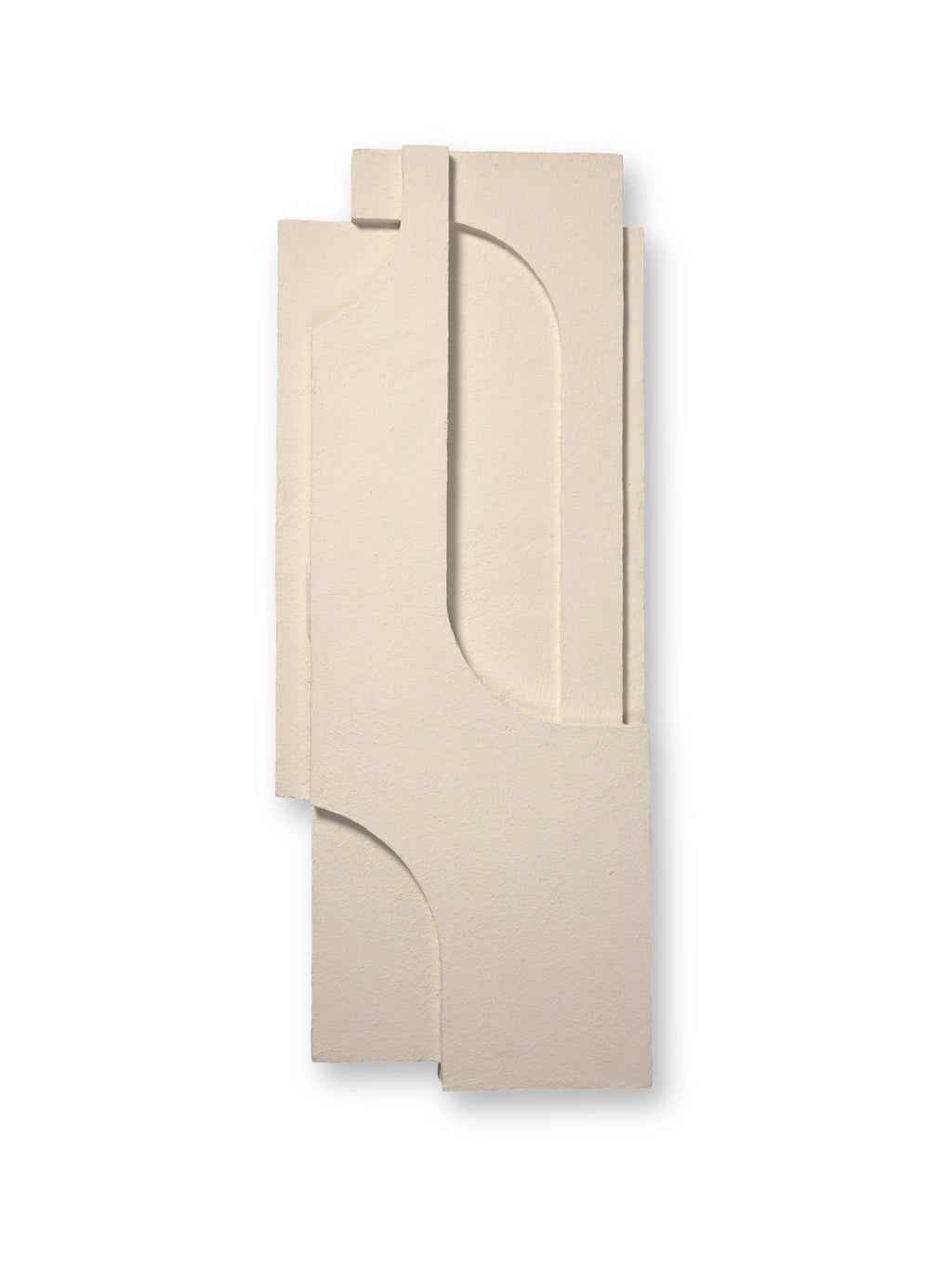 Kristina Dam Serif Relief L, an off-white modern minimalist wall sculpture crafted from textured plaster, featuring a layered geometric design with architectural arches and clean, Brutalist-inspired lines. This cream-colored relief art piece adds a sculptural focal point to contemporary living rooms, entryways, or gallery walls.
