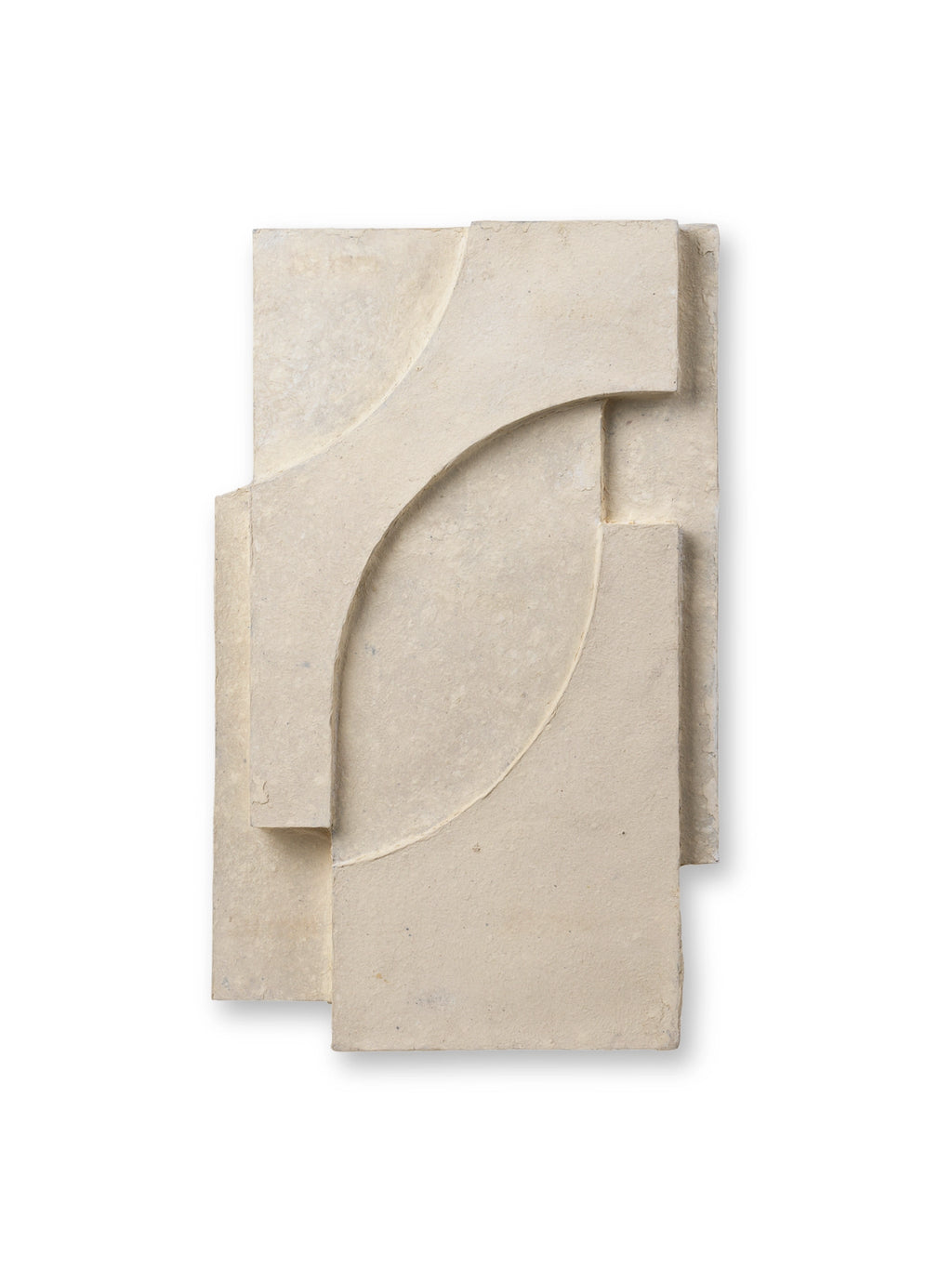 Kristina Dam Serif Relief M, an off-white sculptural wall art piece crafted from textured cast plaster, featuring layered geometric relief with bold curved and straight lines for a striking three-dimensional effect.