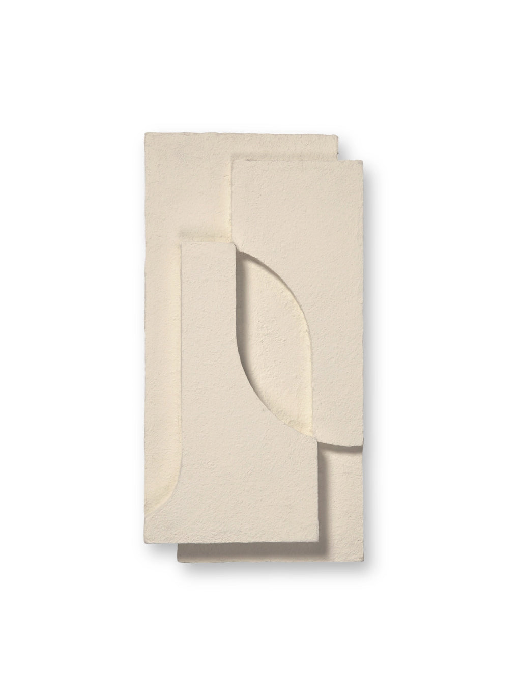 Kristina Dam Serif Relief S, a sculptural off-white relief art piece crafted from highly textured, fibrous paper or plaster with a raw, organic feel. This modern minimalist wall art features layered geometric shapes, including a prominent quarter-circle cut-out and straight lines, creating compelling shadows and depth.