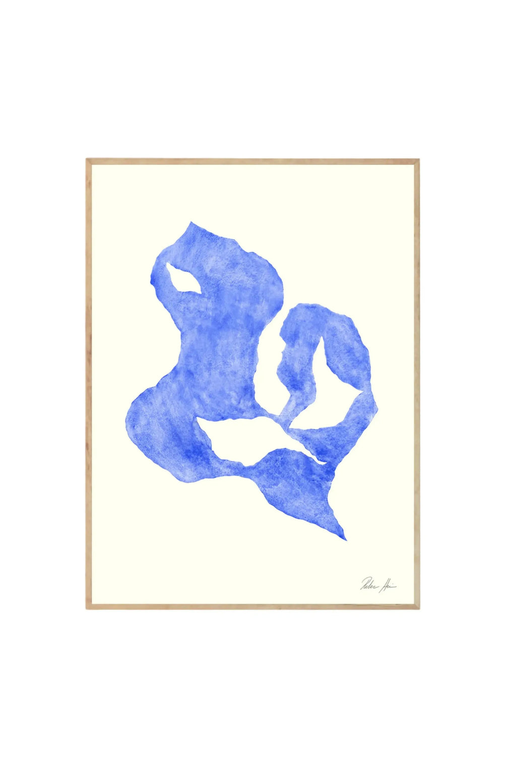 The Poster Club Shadow no. 06 - Art Print, featuring an abstract, organic shape in vibrant blue watercolor on a creamy white background, framed in light natural wood. This modern wall art print is perfect for adding a sophisticated and artistic touch to any contemporary home or office interior.