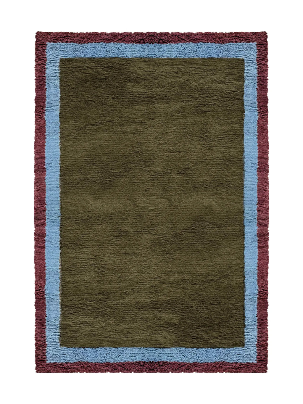 Layered Shaggy Edge Wool Rug, a rectangular area rug with a plush, shaggy texture in a rich olive green center, bordered by light blue and a deep maroon shaggy edge. Perfect for adding warmth and b...