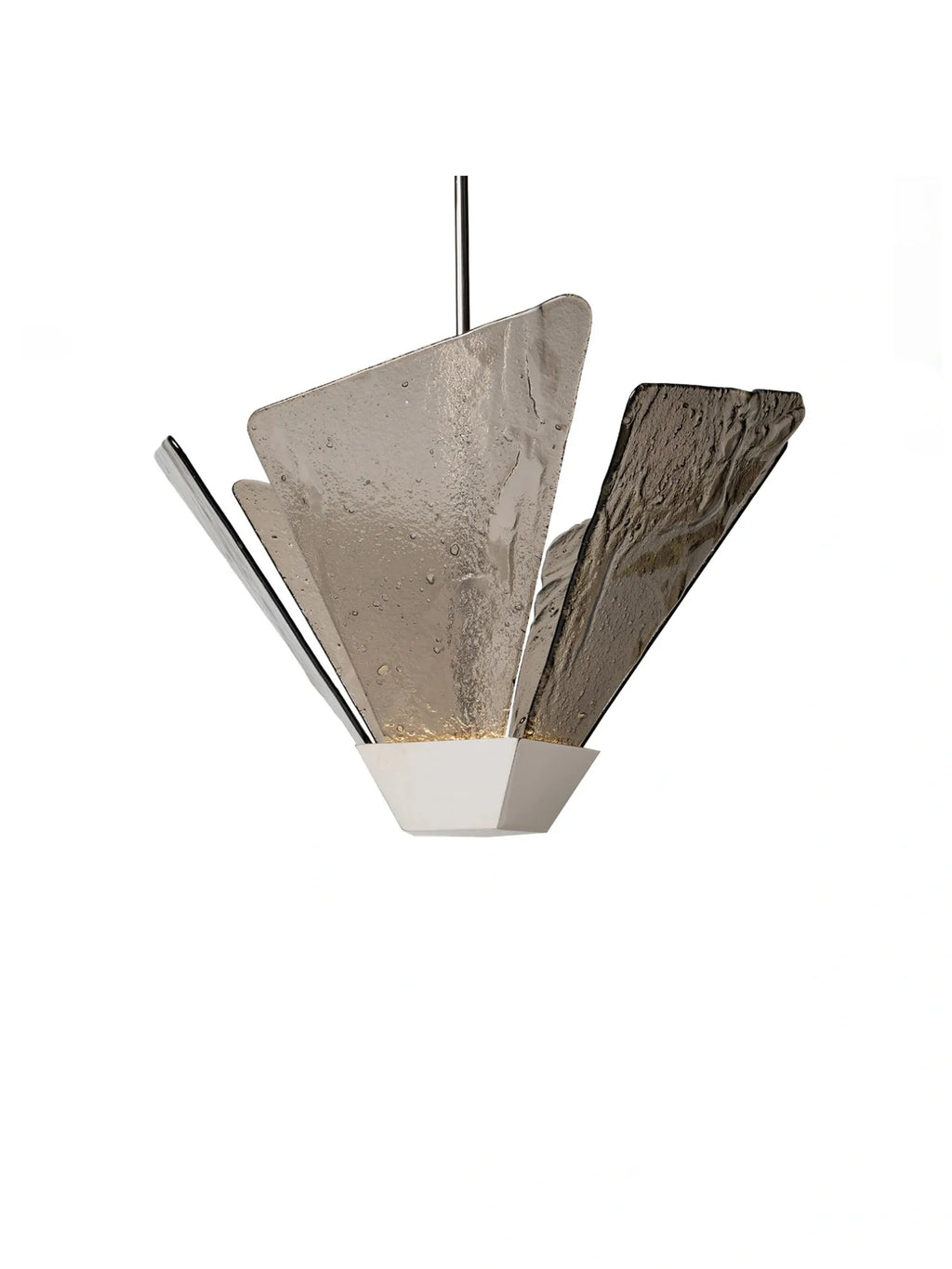 CTO Lighting Shard Pendant Light, a brutalist-inspired ceiling light featuring multiple textured smoky grey glass shards arranged around a faceted white metal base. The unique, rough-cast glass panels create a sculptural, artistic silhouette, perfect for a contemporary dining room or luxurious living space.