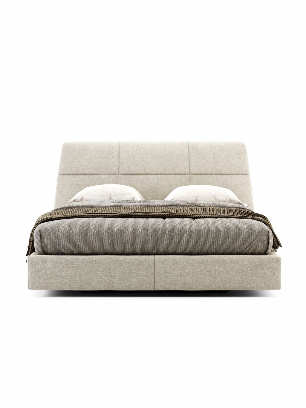 Domkapa Shelby Bed, a contemporary low-profile upholstered bed featuring a light beige textured fabric and a subtly paneled, angled headboard with clean, modern lines. This minimalist platform bed offers a sophisticated silhouette, wrapped entirely in a soft, woven fabric. Ideal as a modern master bedroom bed or a stylish focal point for Scandinavian and organic modern interiors.