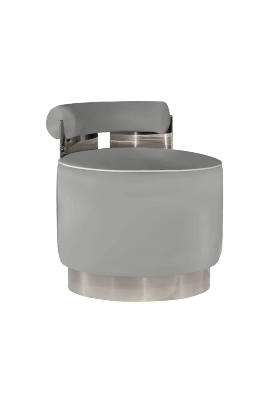Hessentia Shelly Pouf, a luxurious contemporary accent stool featuring soft light grey velvet upholstery with a distinctive round seat and a curved backrest supported by polished chrome metal. This modern upholstered pouf stands on a sleek polished stainless steel base, offering glam style and comfortable seating. Perfect as a chic vanity stool for a bedroom, a living room accent, or elegant entryway seating.