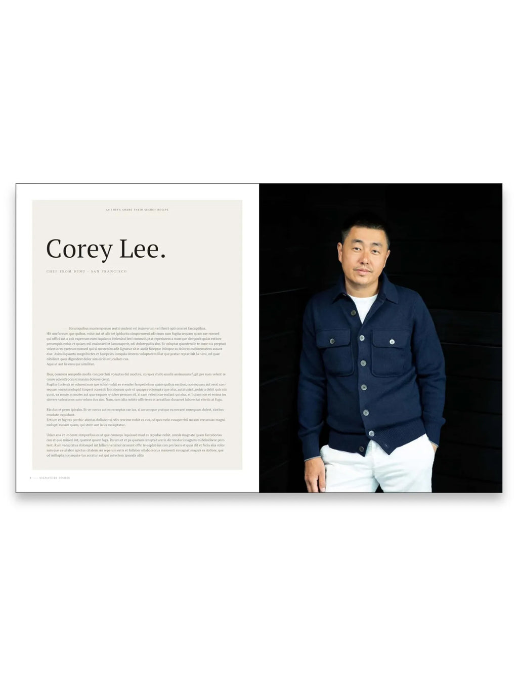 Book Signature Dishes, an open culinary cookbook featuring a clean, elegant layout with a professional photograph of Chef Corey Lee in a navy blue cardigan, alongside a page of descriptive text. This premium cookbook is ideal for aspiring chefs and food enthusiasts seeking gourmet recipes and chef insights.