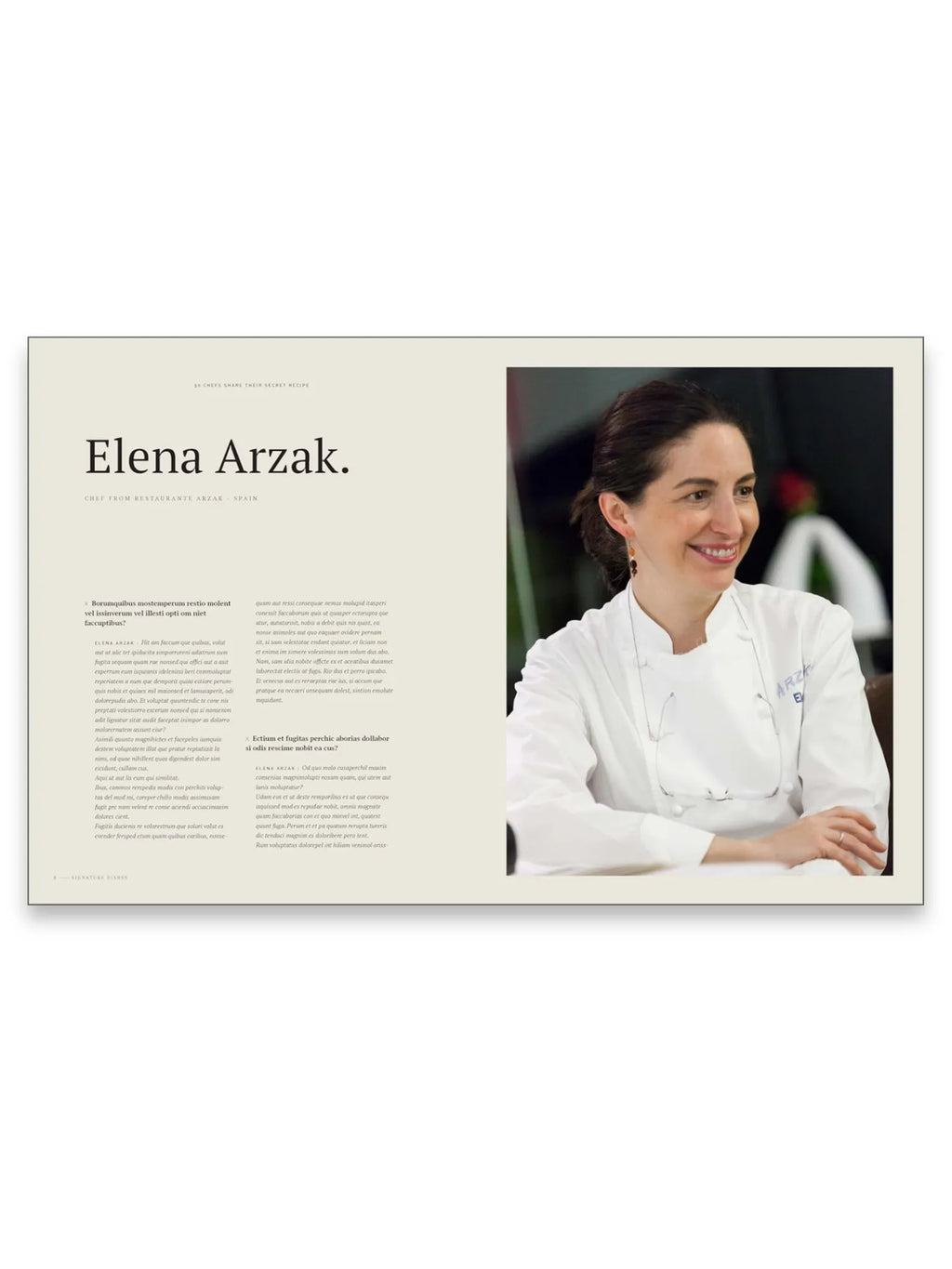 Book Signature Dishes, an open cookbook page featuring a smiling Elena Arzak in a white chef's coat on the right, with elegant black text "Elena Arzak." and Latin placeholder text on the left. This premium culinary book is perfect for aspiring chefs and food enthusiasts seeking gourmet recipes and inspiration.