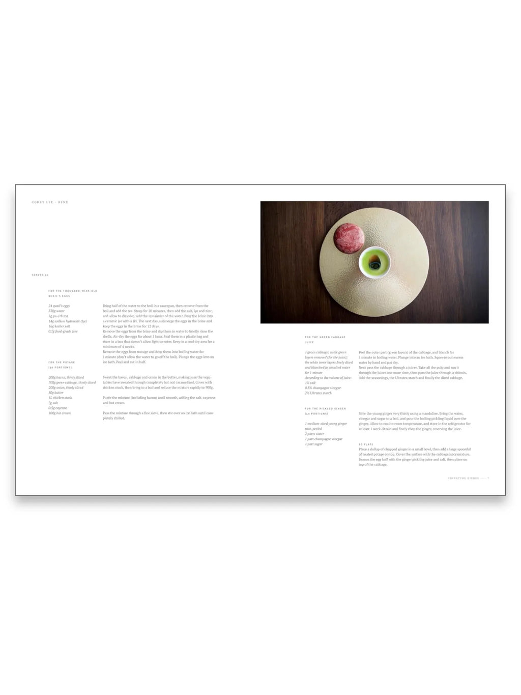 Book Signature Dishes, an open cookbook displaying a sophisticated white page layout with detailed recipes and a glossy culinary photograph. This premium cookbook features a top-down view of an elegantly plated dish on a gold-textured circular plate, showcasing a red spherical element, a small green bowl with a vibrant green liquid, and a garnish, all set against a dark wooden surface. It's an inspiring resource for professional chefs and home cooks seeking gourmet cooking techniques and presentation ideas.