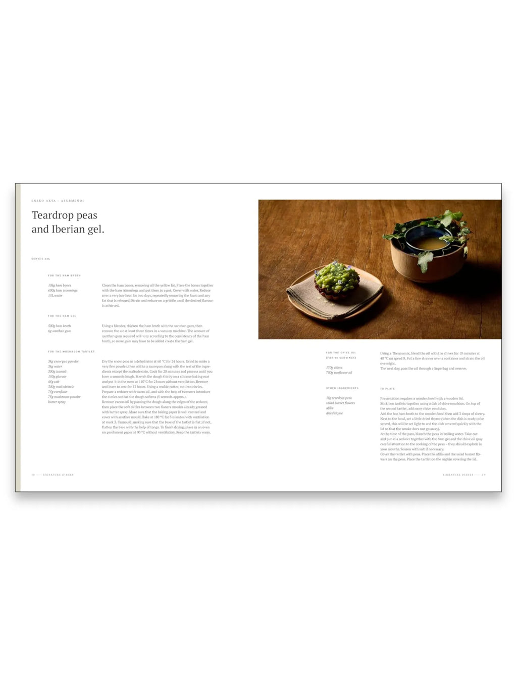 Book Signature Dishes, a high-quality open cookbook page featuring a recipe for "Teardrop peas and Iberian gel" with detailed instructions and professional food photography. This premium culinary guide is perfect for aspiring chefs and home cooks seeking gourmet recipes.