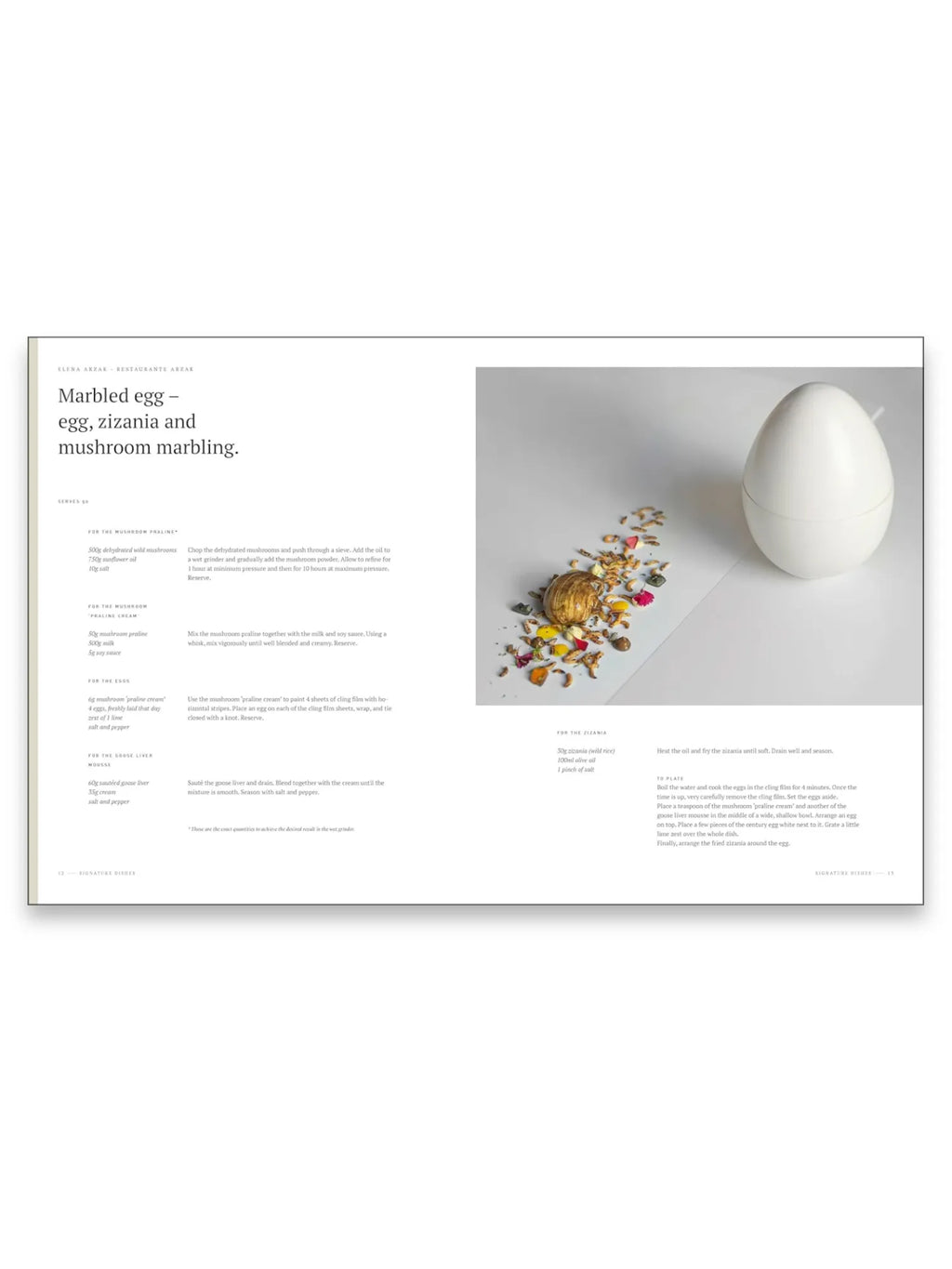 Book Signature Dishes, an open cookbook displaying a sophisticated recipe for "Marbled egg – egg, zizania and mushroom marbling" with a detailed photo of a perfectly plated dish featuring a white egg, toasted wild rice, and colorful garnishes on a white background. This premium cookbook is perfect for gourmet cooks and culinary enthusiasts seeking advanced cooking techniques and inspiring recipes.