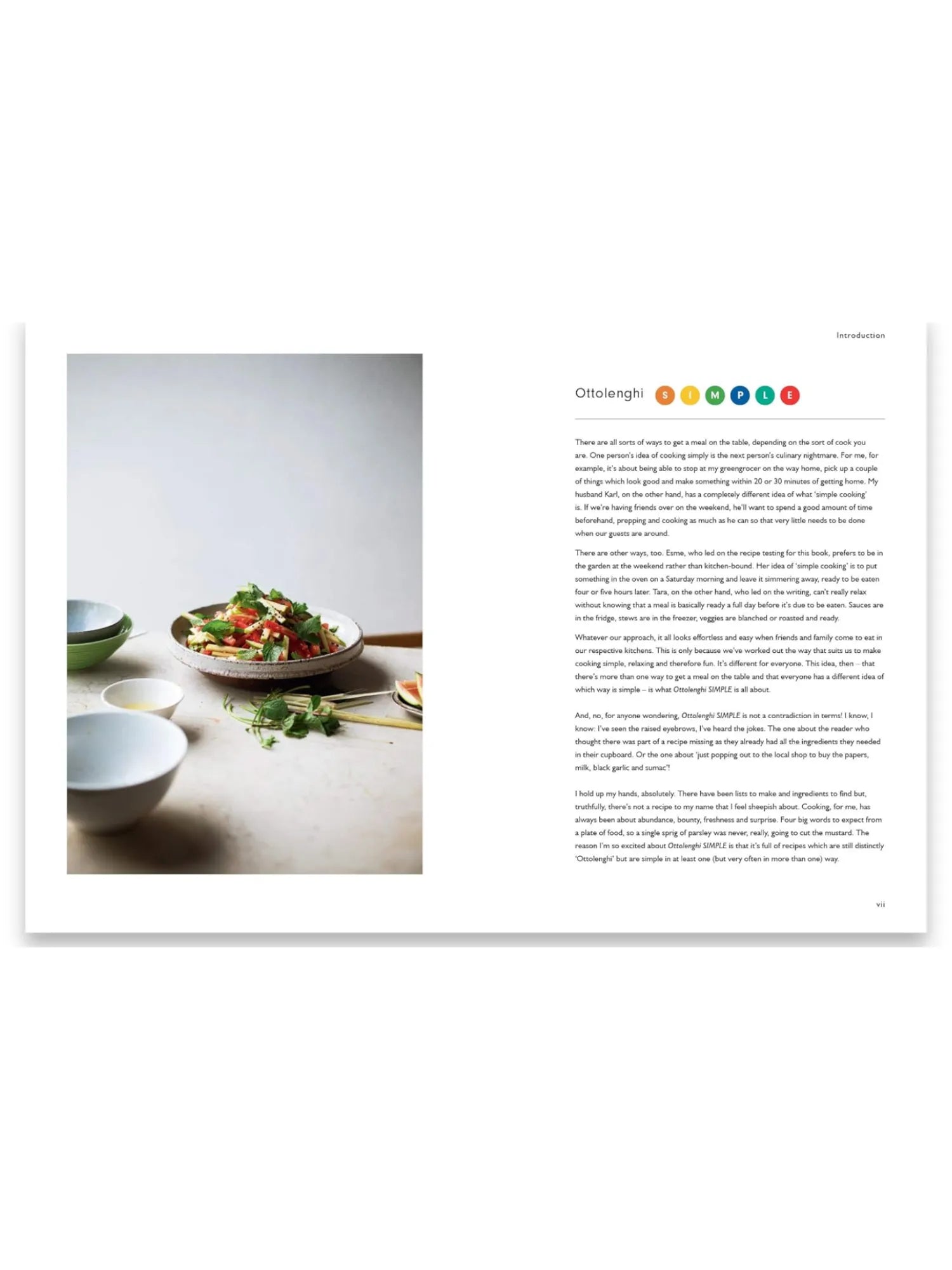 Book Simple, a cookbook page displaying a vibrant, fresh salad with watermelon, mint, and other ingredients in a rustic white ceramic bowl, accompanied by white and green ceramic dishes and text from the "Introduction" section. This essential culinary guide is ideal for home cooks seeking delicious, approachable recipes for everyday meals and entertaining.