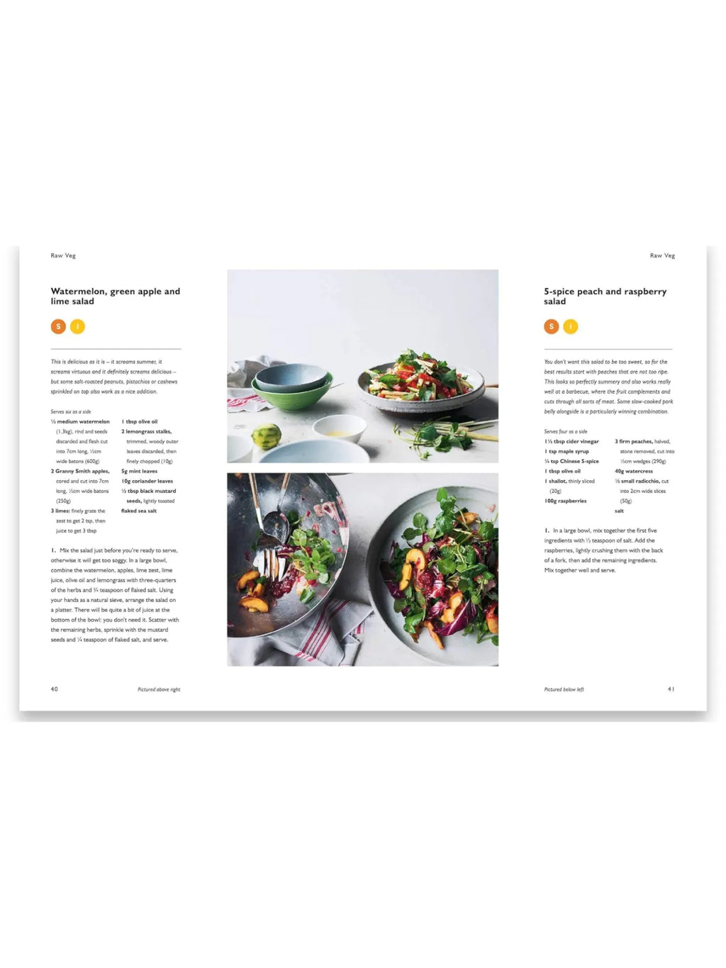 Book Simple, an open cookbook displaying two vibrant salad recipes: "Watermelon, green apple and lime salad" and "5-spice peach and raspberry salad," complete with ingredient lists and preparation instructions. This detailed culinary guide is perfect for home cooks seeking fresh, healthy, and creative recipe inspiration.