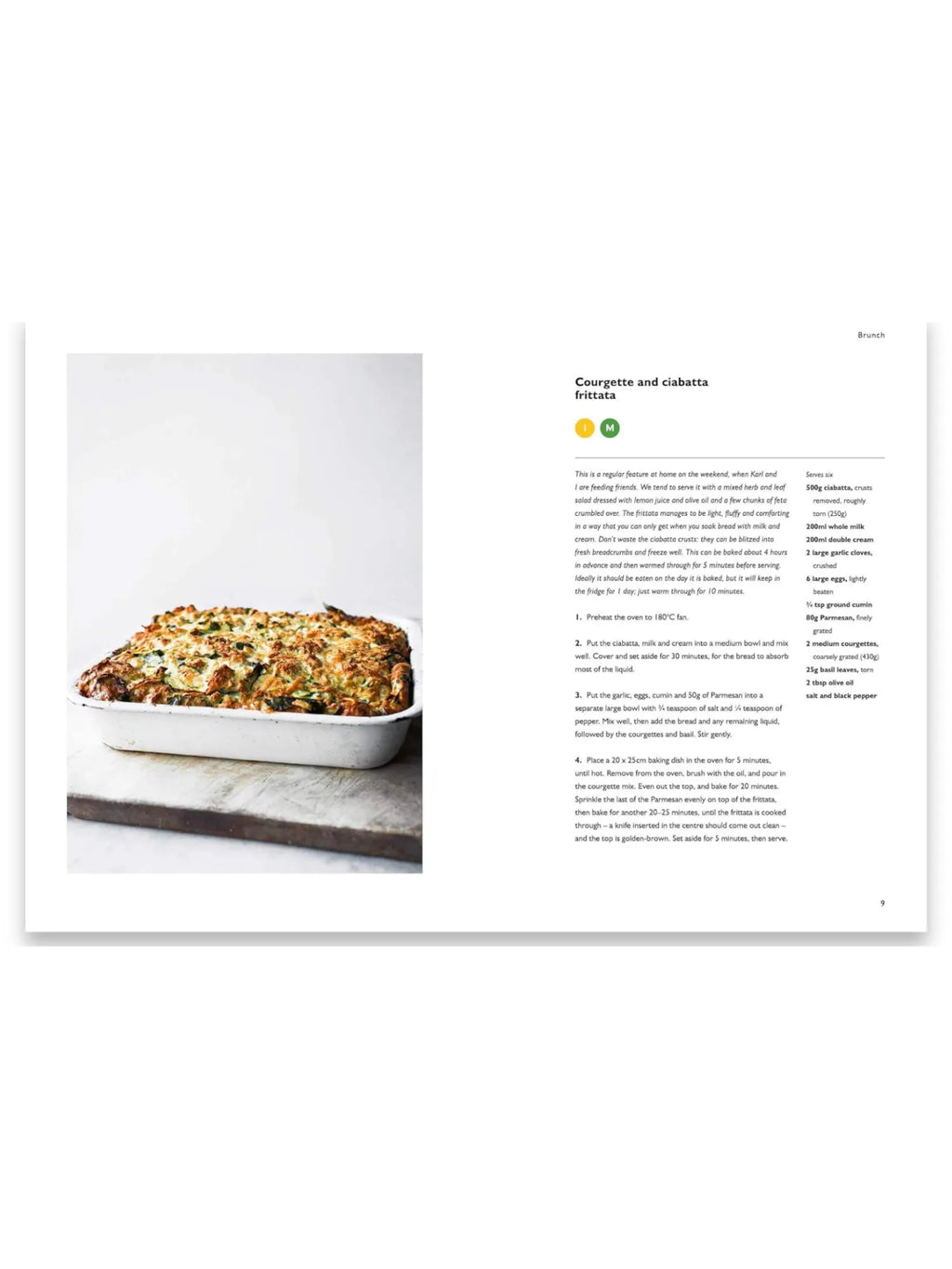 Book Simple, a minimalist recipe book page displaying a golden-brown Courgette and Ciabatta Frittata in a white enamel baking dish, set on a rustic wooden board. This elegant cookbook recipe is perfect for home chefs seeking delicious, easy-to-follow meal ideas.