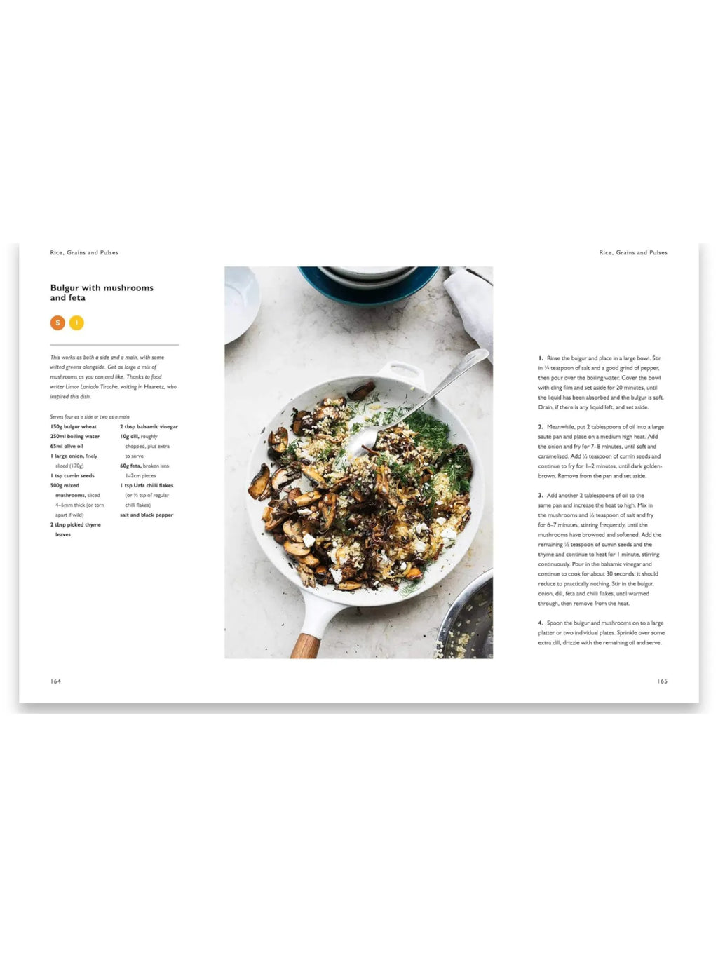 Book Simple, a detailed cookbook page showcasing a vibrant "Bulgur with mushrooms and feta" recipe, complete with ingredients list, step-by-step instructions, and a mouth-watering image of the finished dish in a white pan with a wooden handle. This culinary guide is perfect for home cooks seeking delicious and easy-to-follow meal ideas.