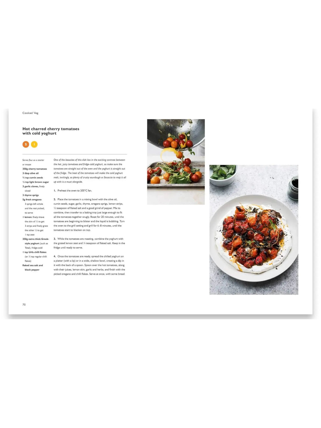 Book Simple, an open cookbook page features a vibrant, mouth-watering recipe for "Hot charred cherry tomatoes with cold yoghurt," showcasing a final dish photo with rich red tomatoes and green herbs on creamy white yogurt, alongside ingredient lists and cooking instructions. This culinary cookbook is perfect for home cooks seeking delicious, easy-to-follow vegetarian recipes.