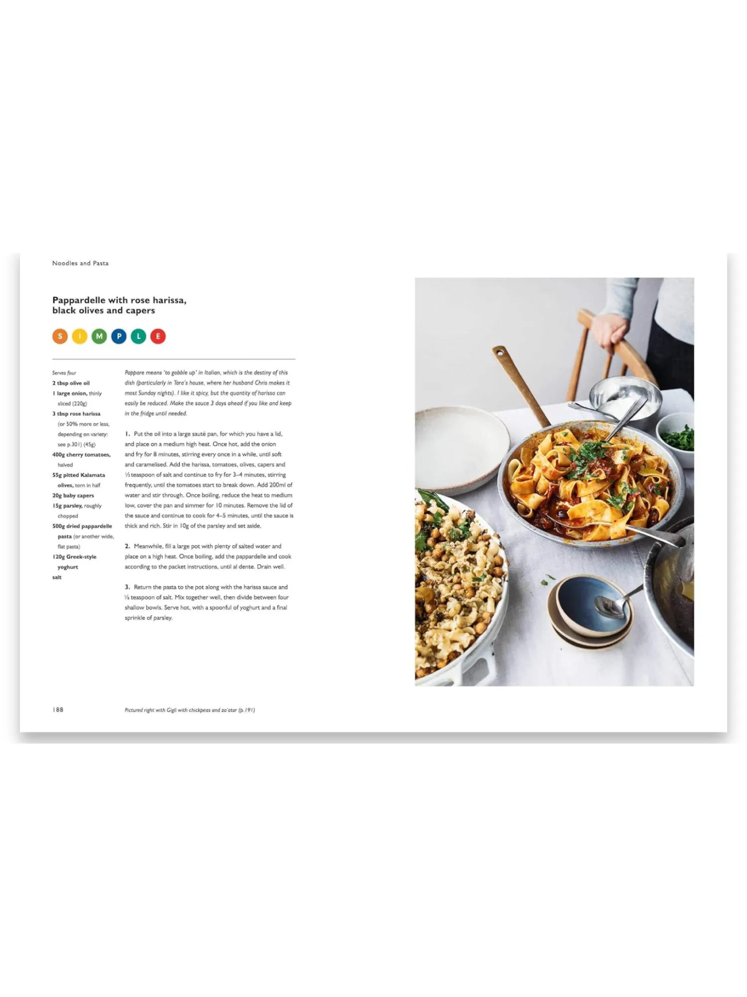 Book Simple, a cookbook page displaying a vibrant Pappardelle with rose harissa, black olives, and capers recipe, accompanied by a full-color image of the finished pasta dish in a rustic metal pan, garnished with fresh parsley. This essential culinary guide offers delicious, easy-to-follow recipes for home cooks and food enthusiasts.