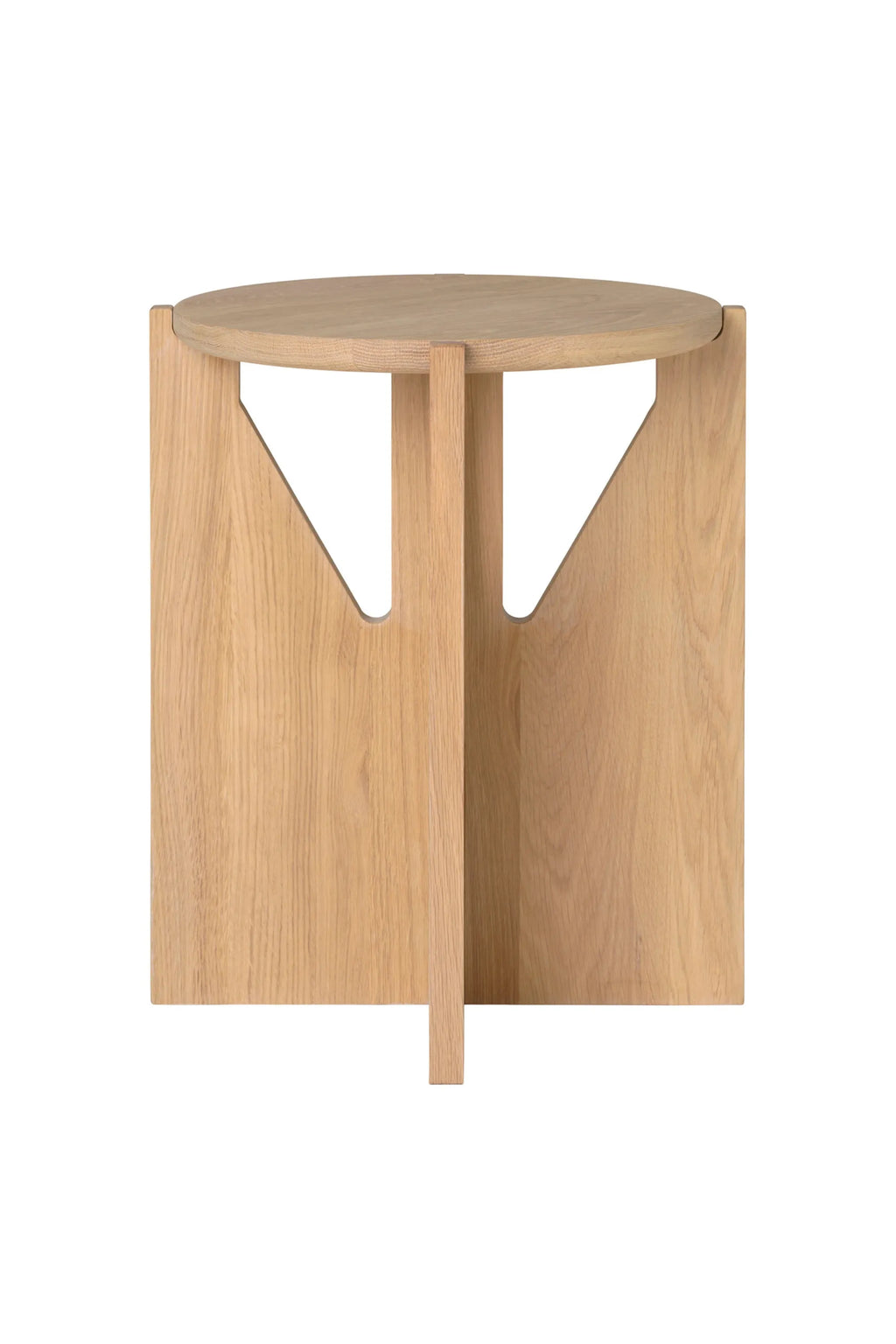 Kristina Dam Simple Stool, a modern, handcrafted oak stool with a unique geometric design and natural wood grain. This stylish piece is perfect for adding functional elegance to any contemporary living space.
