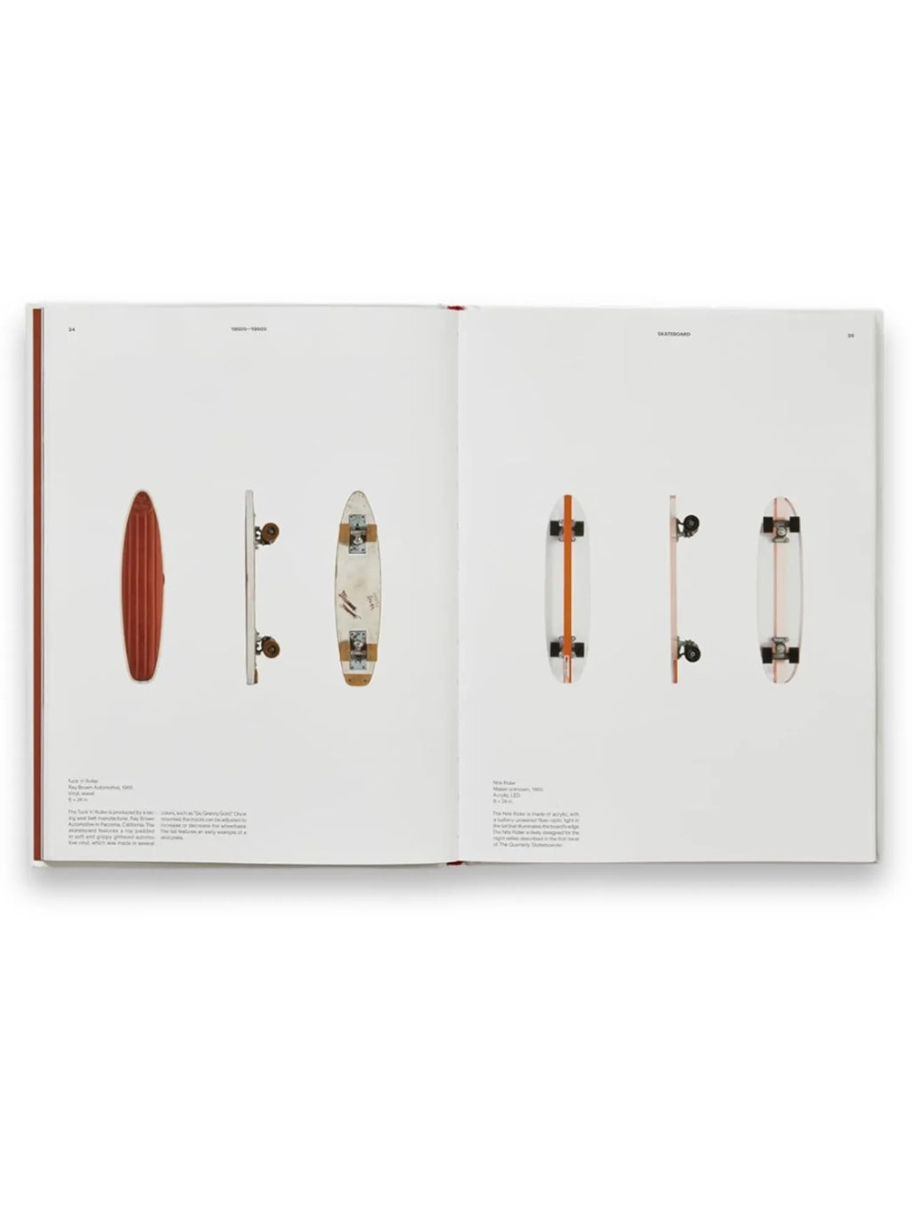 Book Skateboard, open pages displaying vintage skateboards from the 1950s-1960s, including a ribbed orange board, a white and brown wooden board, and a clear acrylic board with an orange stripe. This collectible art book is perfect for skateboard enthusiasts and design history buffs.