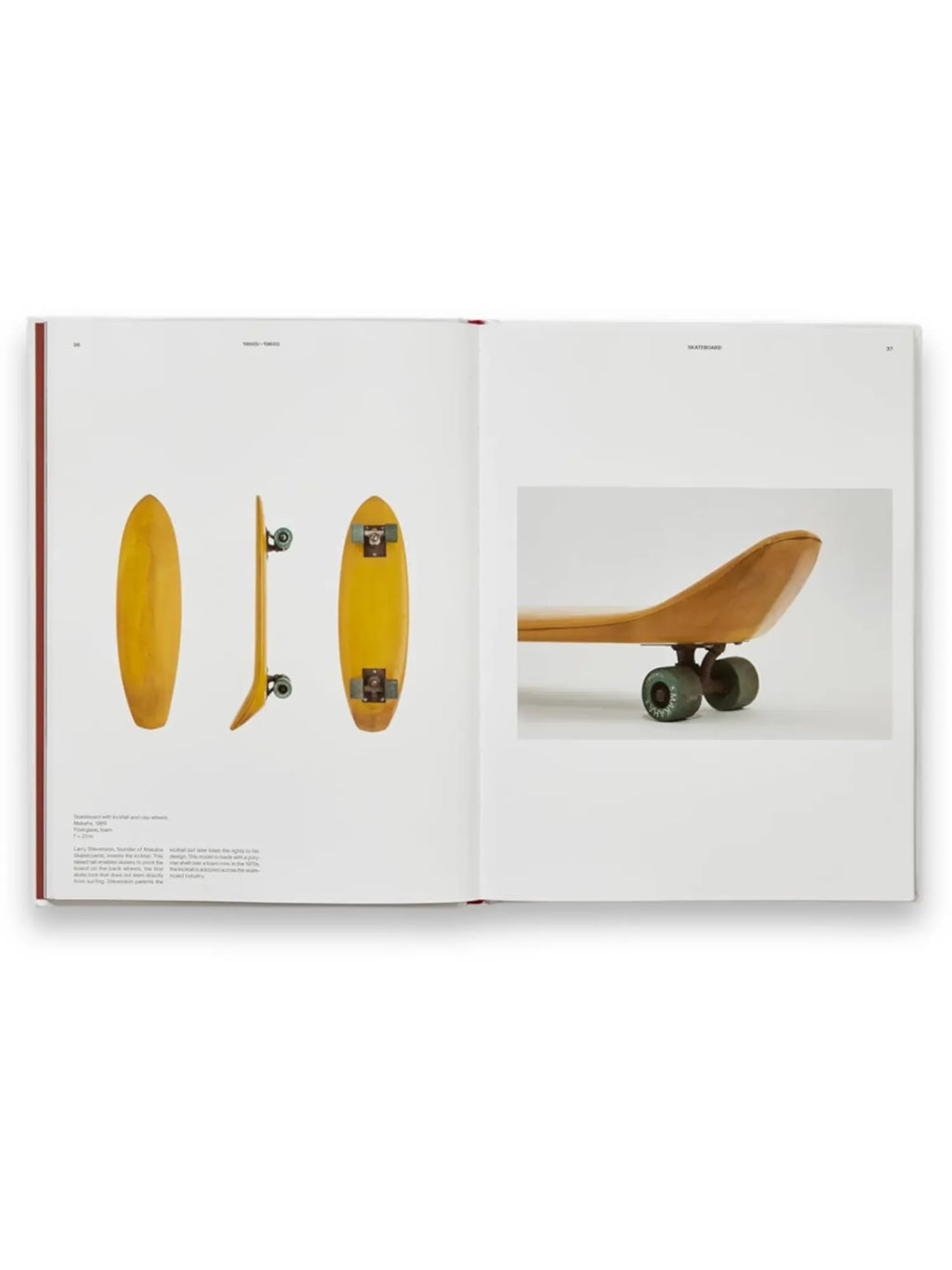 Book Skateboard, a premium open book featuring a vintage yellow wooden skateboard with green wheels on a white background. This collectible book is perfect for skateboard enthusiasts and design history buffs.