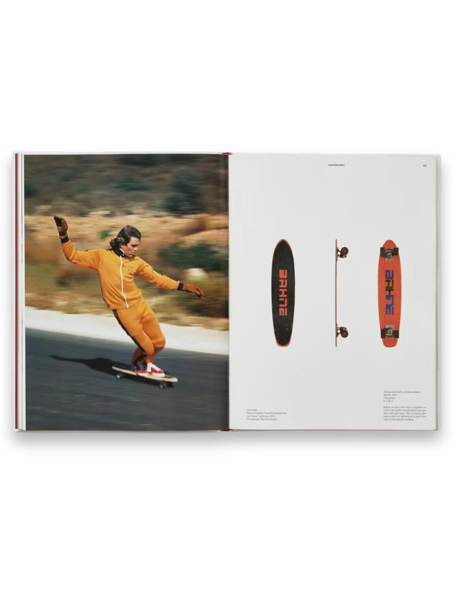 Book Skateboard, an open hardcover book displaying a vintage photo of a person skateboarding in an orange tracksuit on a winding road, alongside an image of two retro "BAHNE" skateboards in black and orange. This comprehensive book offers a nostalgic look at the history and evolution of skateboarding, perfect for enthusiasts and collectors.