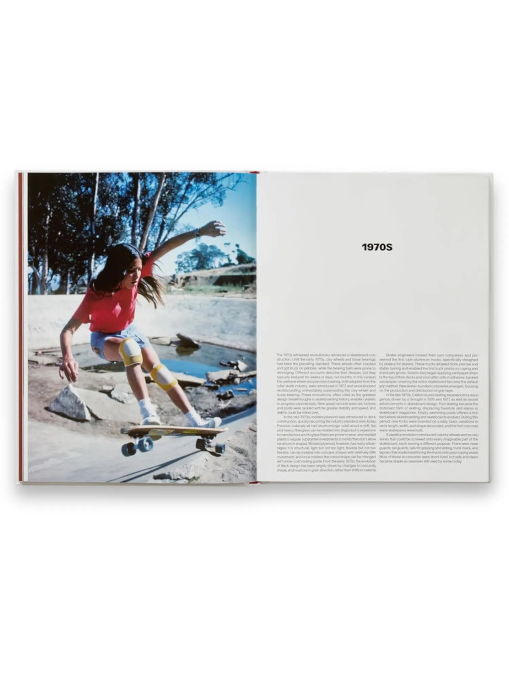 Book Skateboard History Book, featuring an open spread with a vibrant 1970s photograph of a girl skateboarding in a concrete park, wearing a red tee, denim shorts, and yellow knee pads. The facing page includes detailed text about skateboarding's evolution in the 1970s. This engaging non-fiction book is perfect for skateboarding enthusiasts and history buffs interested in vintage sports culture.