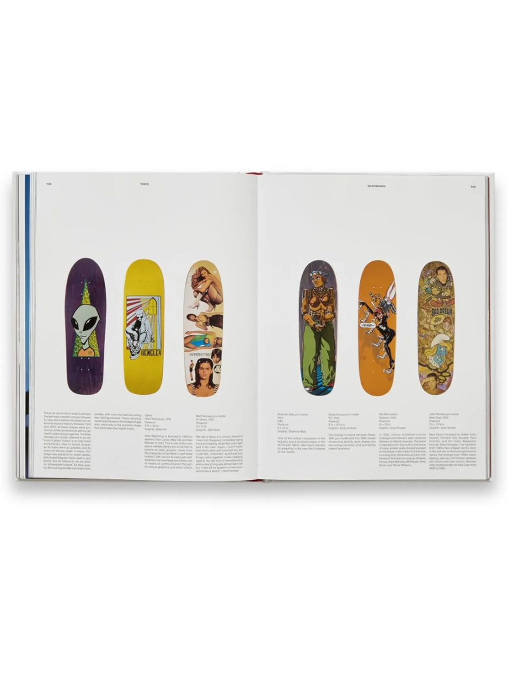 Book Skateboard, an open hardcover book displaying a vibrant collection of six vintage skateboard decks with unique graphic art designs on crisp white pages. This premium art book is perfect for skateboard enthusiasts and graphic design collectors.