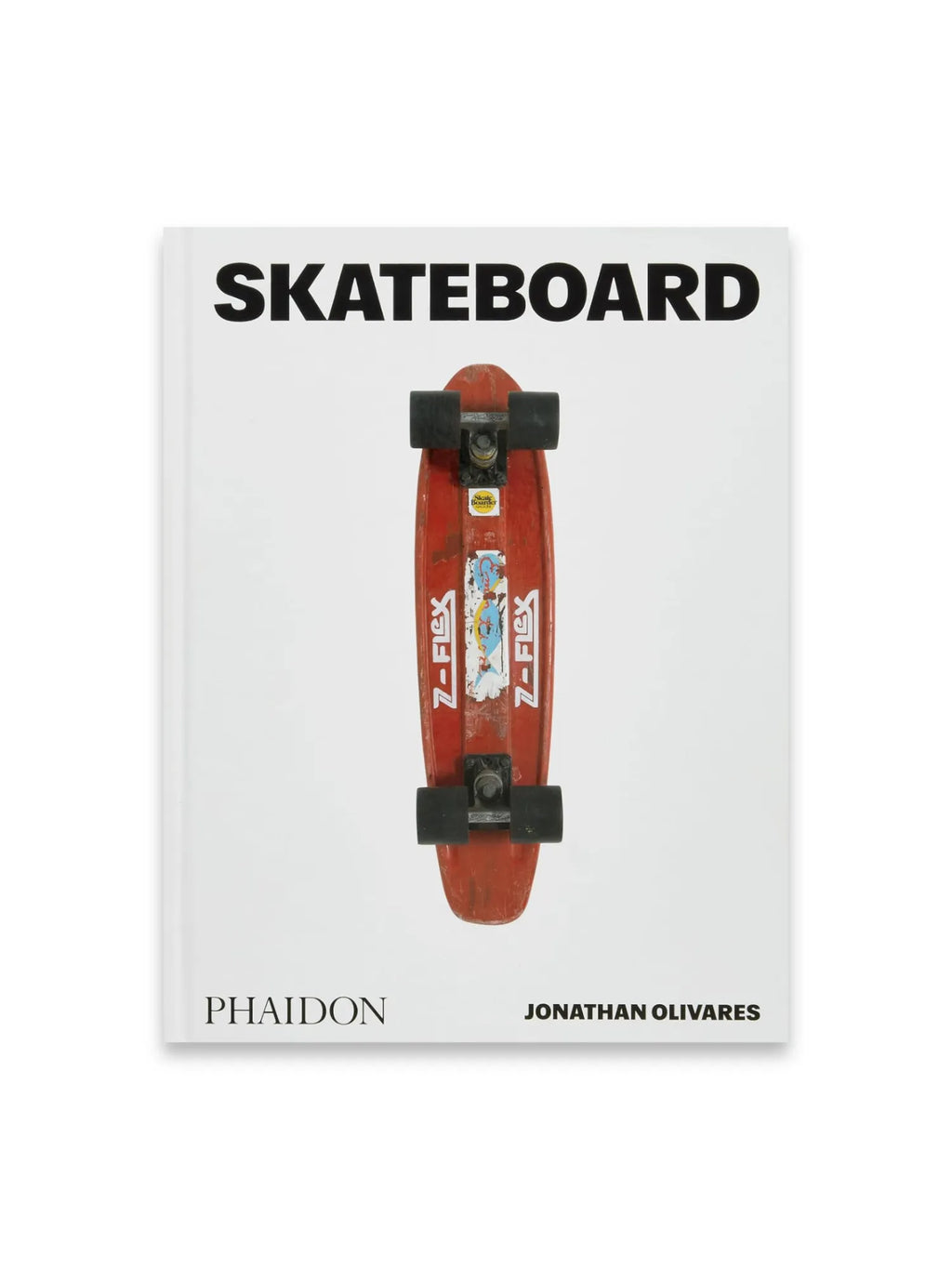 Book Skateboard, a white hardcover book featuring a vintage red Z-Flex skateboard with black wheels and trucks on its cover. This engaging history book is perfect for skateboarding enthusiasts and design book collectors.